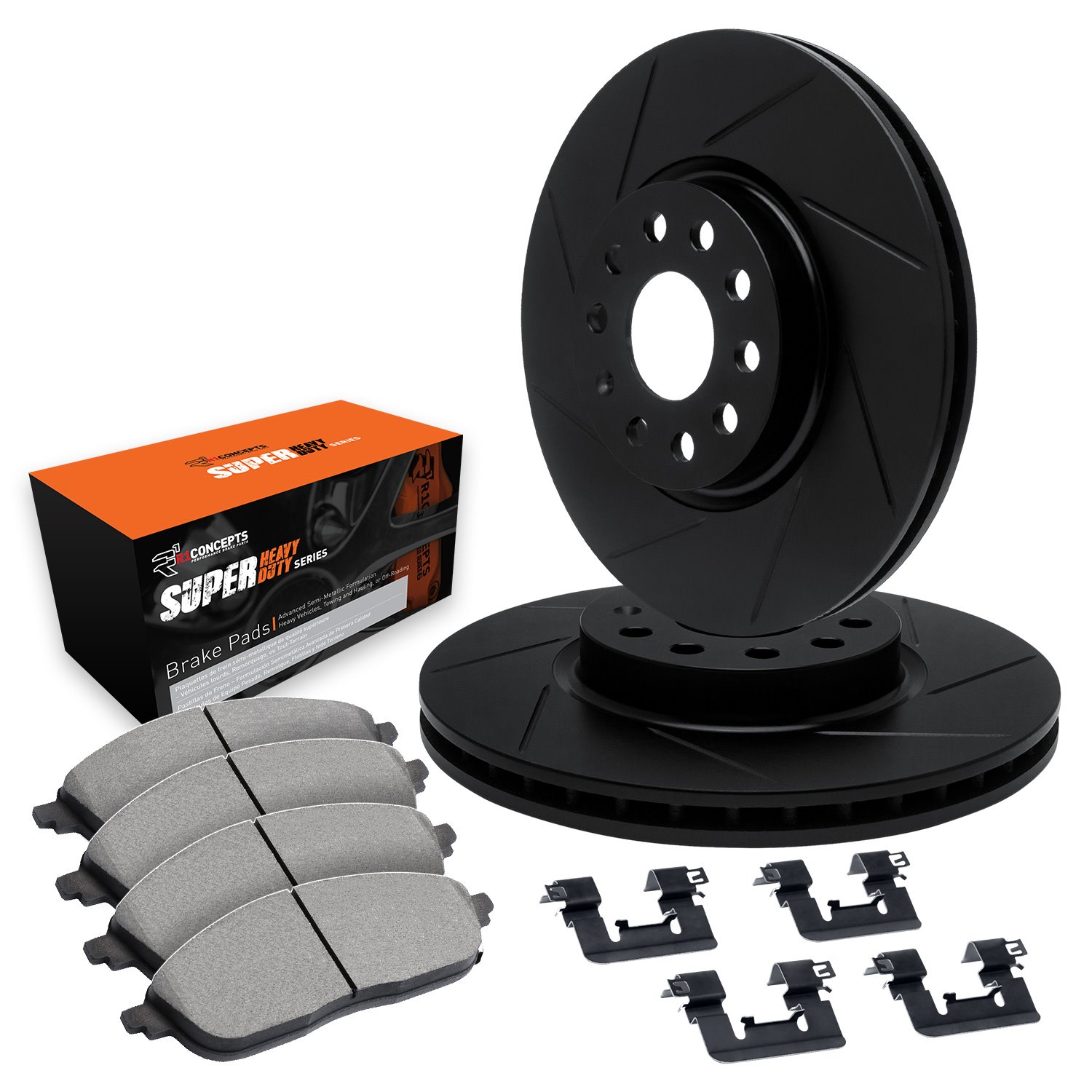 E-Line Slotted Black Brake Rotor Set w/Super-Duty Pads & Hardware, 1990-1991 Ford/Lincoln/Mercury/Mazda, Position: Front