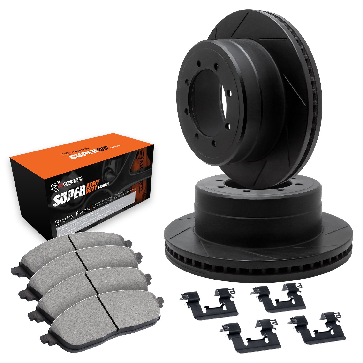 E-Line Slotted Black Brake Rotor Set w/Super-Duty Pads & Hardware, 1999-1999 Ford/Lincoln/Mercury/Mazda, Position: Front