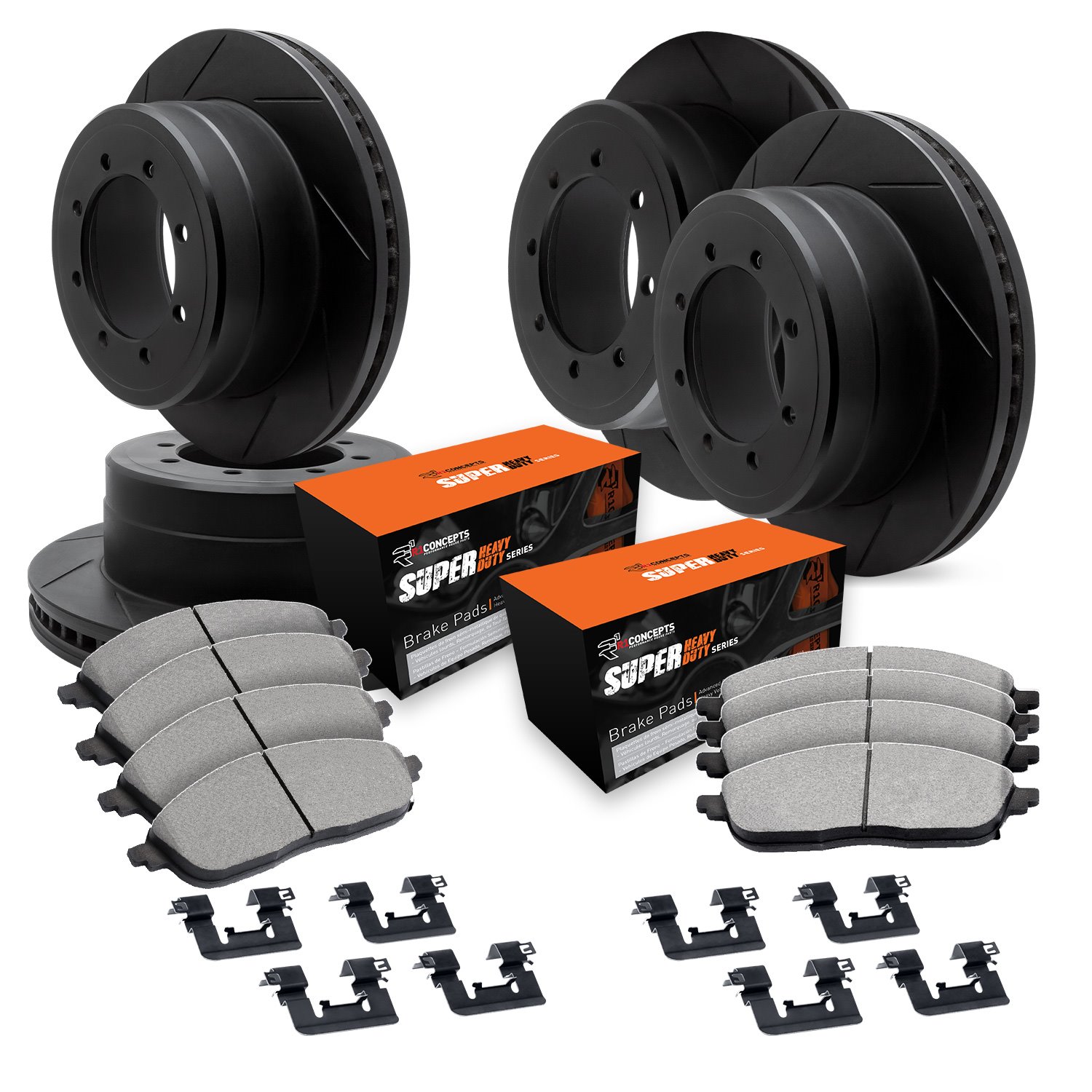 E-Line Slotted Black Brake Rotor Set w/Super-Duty Pads & Hardware, 1999-2000 Ford/Lincoln/Mercury/Mazda, Position: Front & Rear