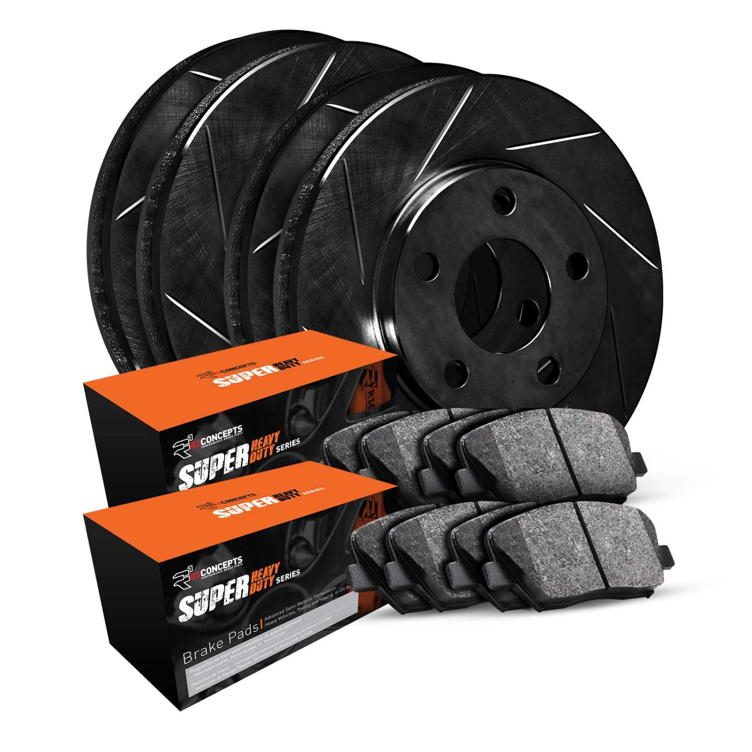 E-Line Slotted Black Brake Rotor Set w/Super-Duty Pads, 2006-2014 Mopar, Position: Front & Rear