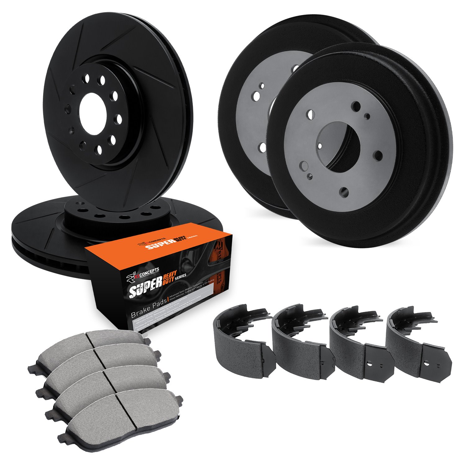E-Line Slotted Black Brake Rotor & Drum Set w/Super-Duty Pads & Shoes, 1994-1995 Ford/Lincoln/Mercury/Mazda