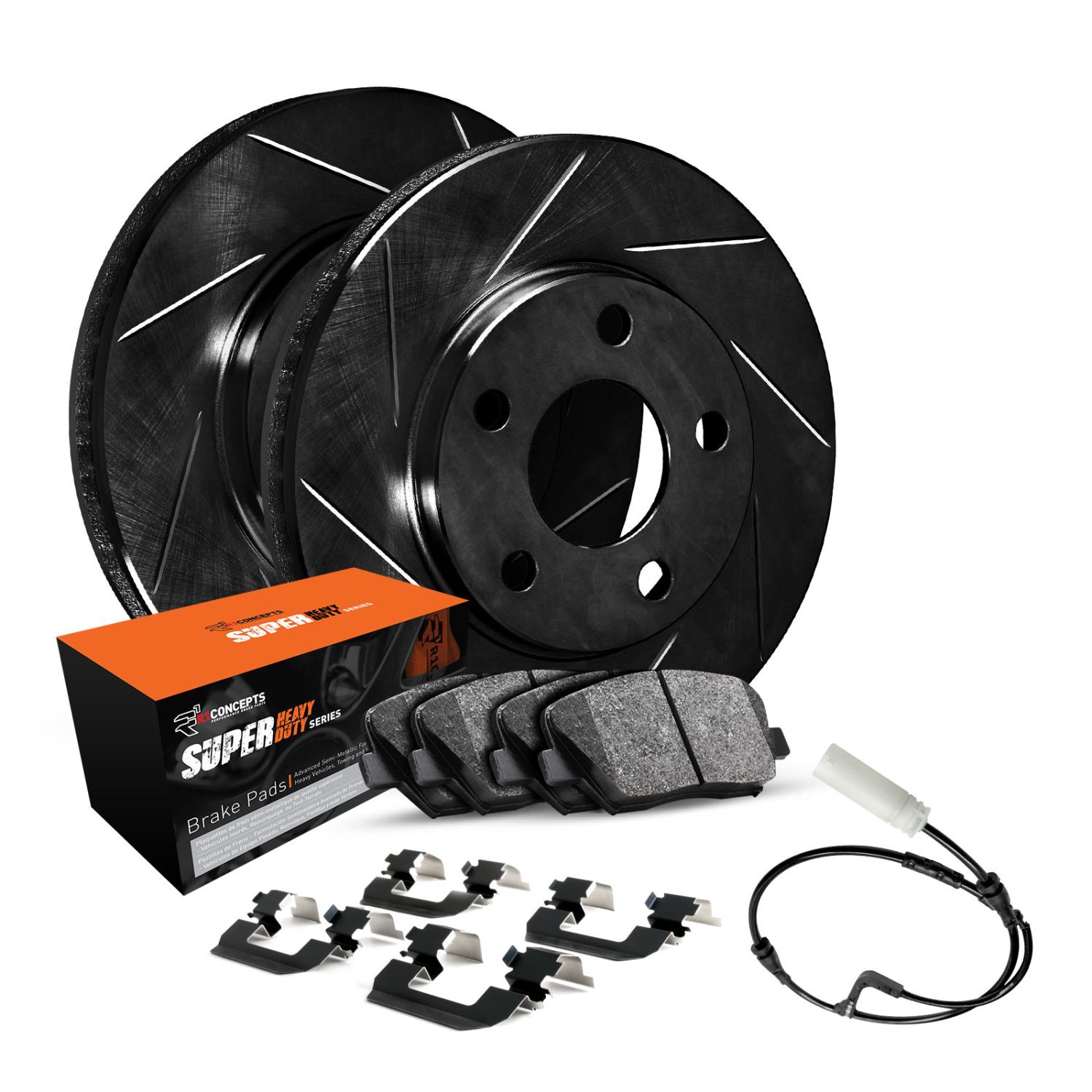 E-Line Slotted Black Brake Rotor Set w/Super-Duty Pads, Sensor, & Hardware, 2007-2017 Fits Multiple Makes/Models