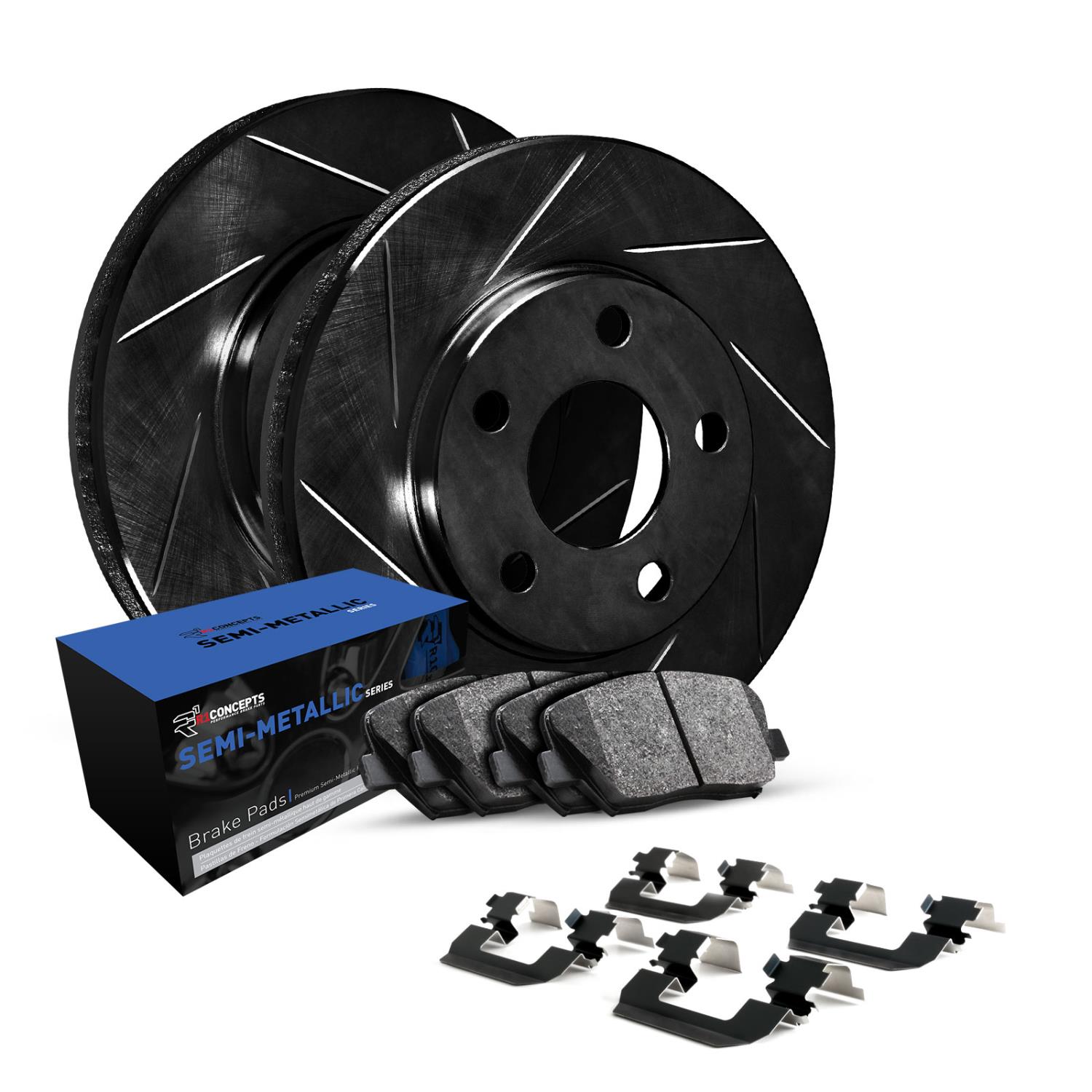 E-Line Slotted Black Brake Rotor Set w/Semi-Met Pads & Hardware, Fits Select BMW, Position: Rear