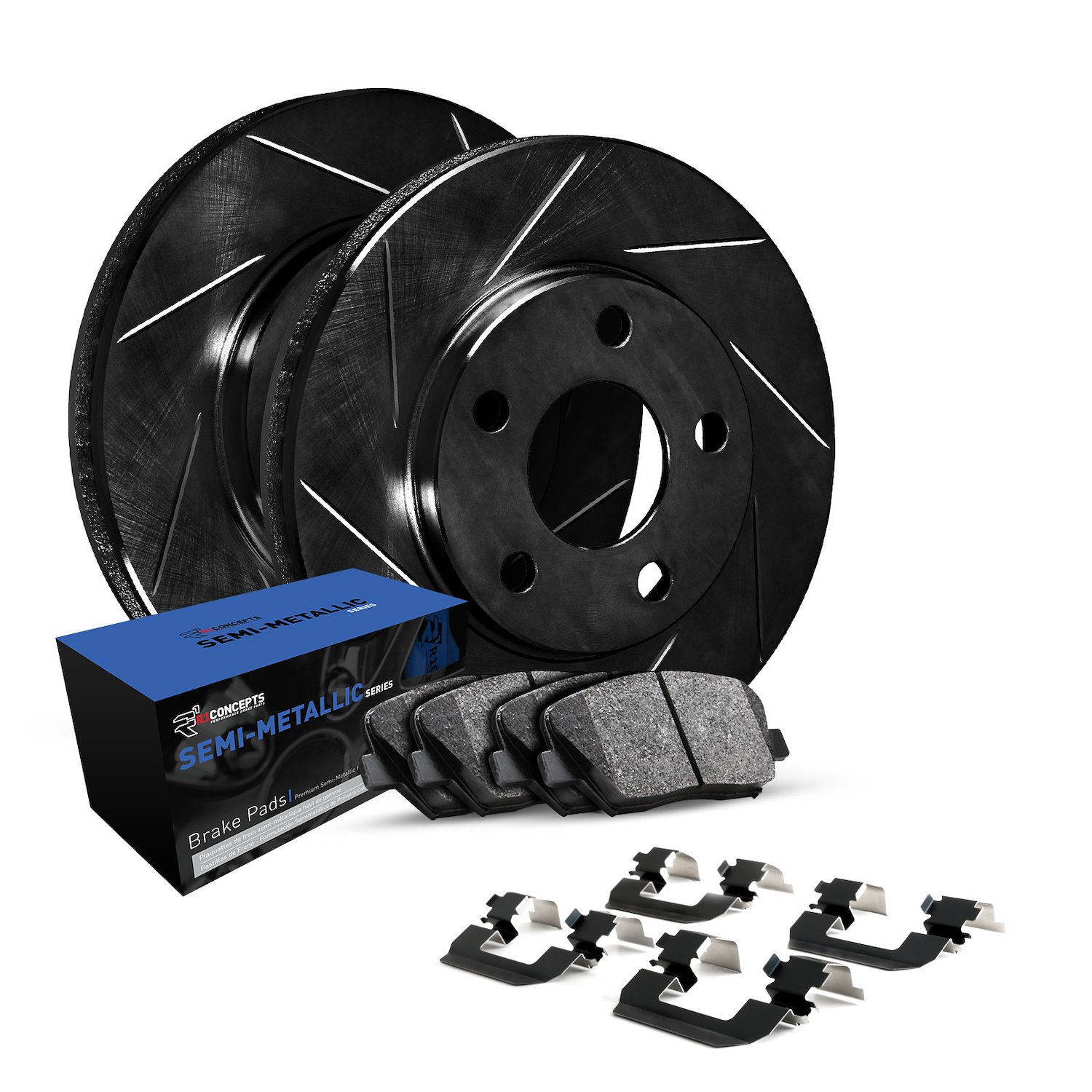 E-Line Slotted Black Brake Rotor Set w/Semi-Met Pads & Hardware, 1997-2002 Ford/Lincoln/Mercury/Mazda, Position: Front