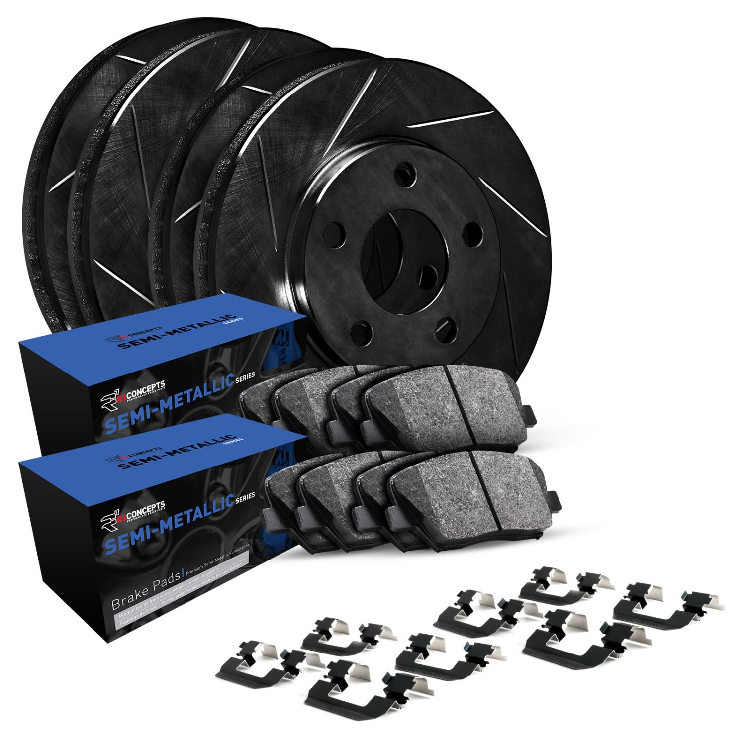 E-Line Slotted Black Brake Rotor Set w/Semi-Met Pads & Hardware, 2006-2009 Land Rover, Position: Front & Rear