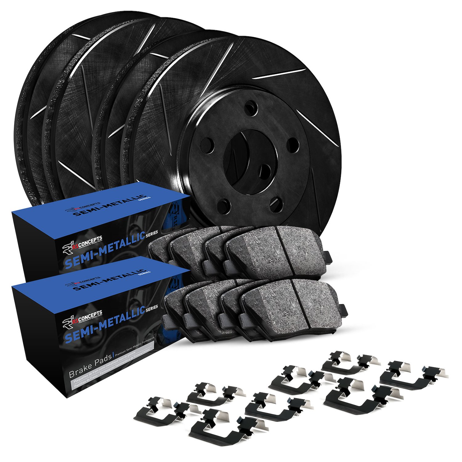 E-Line Slotted Black Brake Rotor Set w/Semi-Met Pads & Hardware, 2012-2015 Land Rover, Position: Front & Rear
