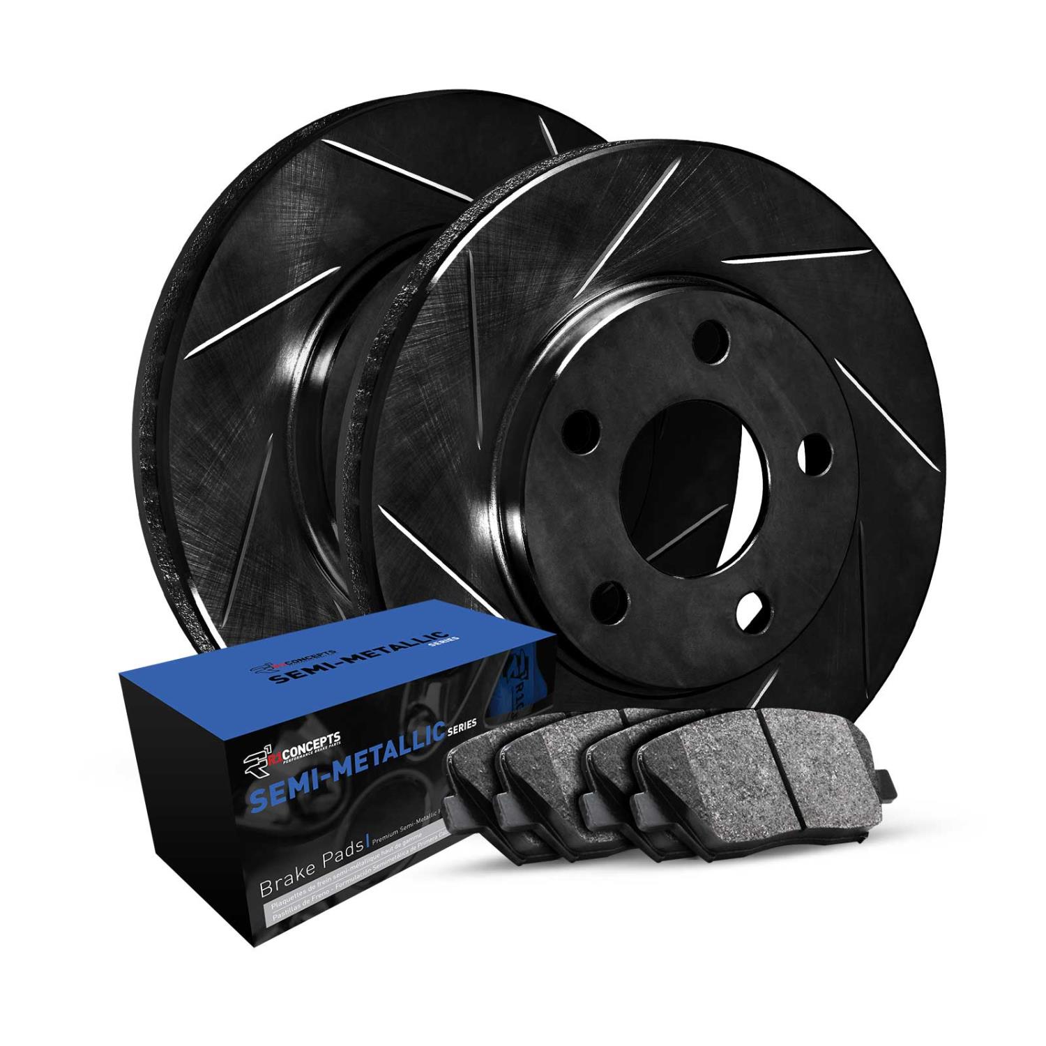 E-Line Slotted Black Brake Rotor Set w/Semi-Met Pads, 2013-2021 Audi/Porsche/Volkswagen, Position: Rear