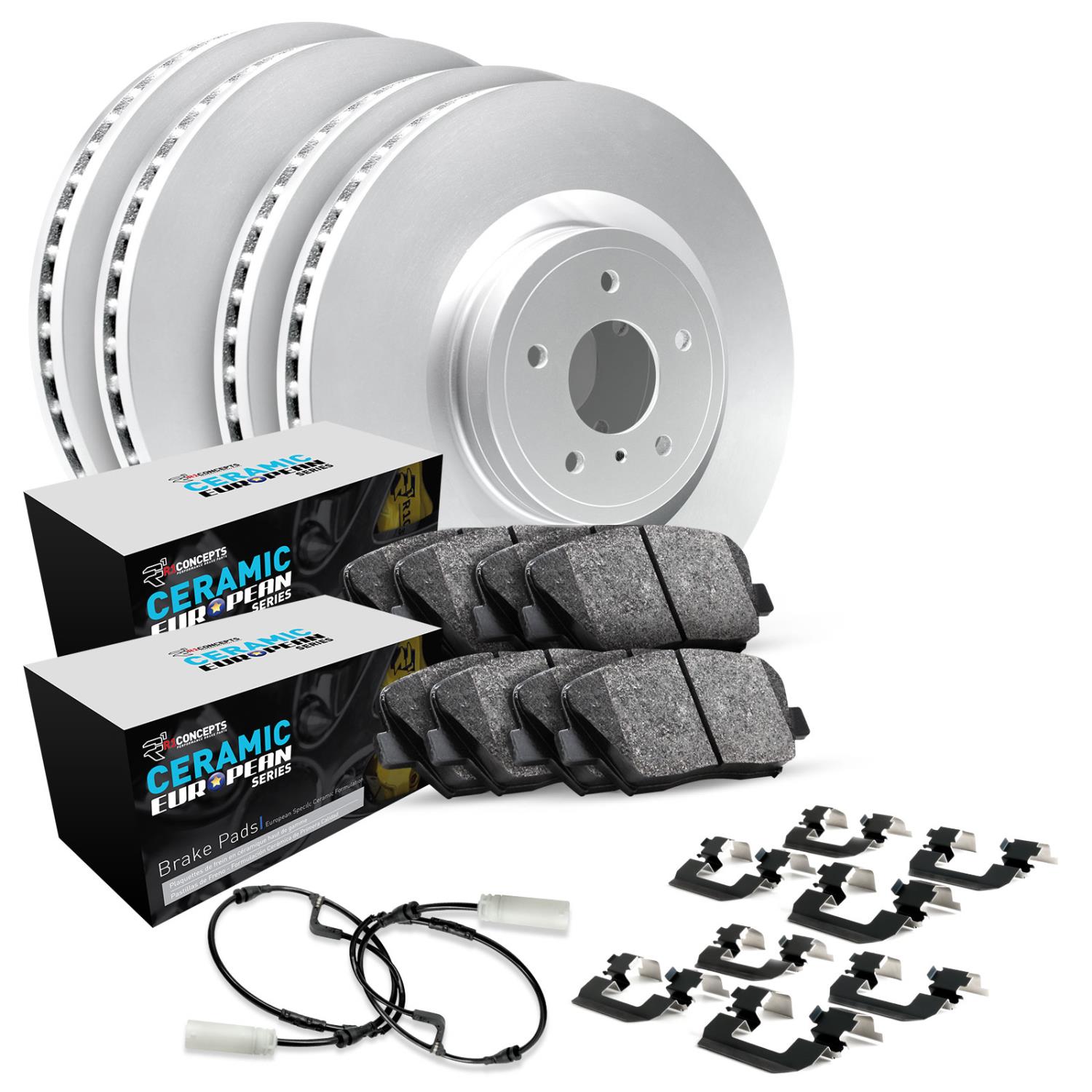 GEO-Carbon Brake Rotor Set w/Euro Ceramic Pads, Sensor, & Hardware, 1979-1985 Mercedes-Benz, Position: Front & Rear