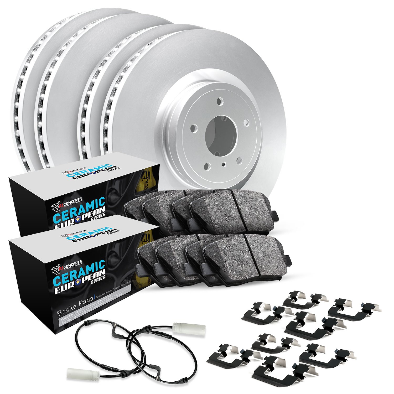 GEO-Carbon Brake Rotor Set w/Euro Ceramic Pads, Sensor, & Hardware, 1979-1980 Mercedes-Benz, Position: Front & Rear