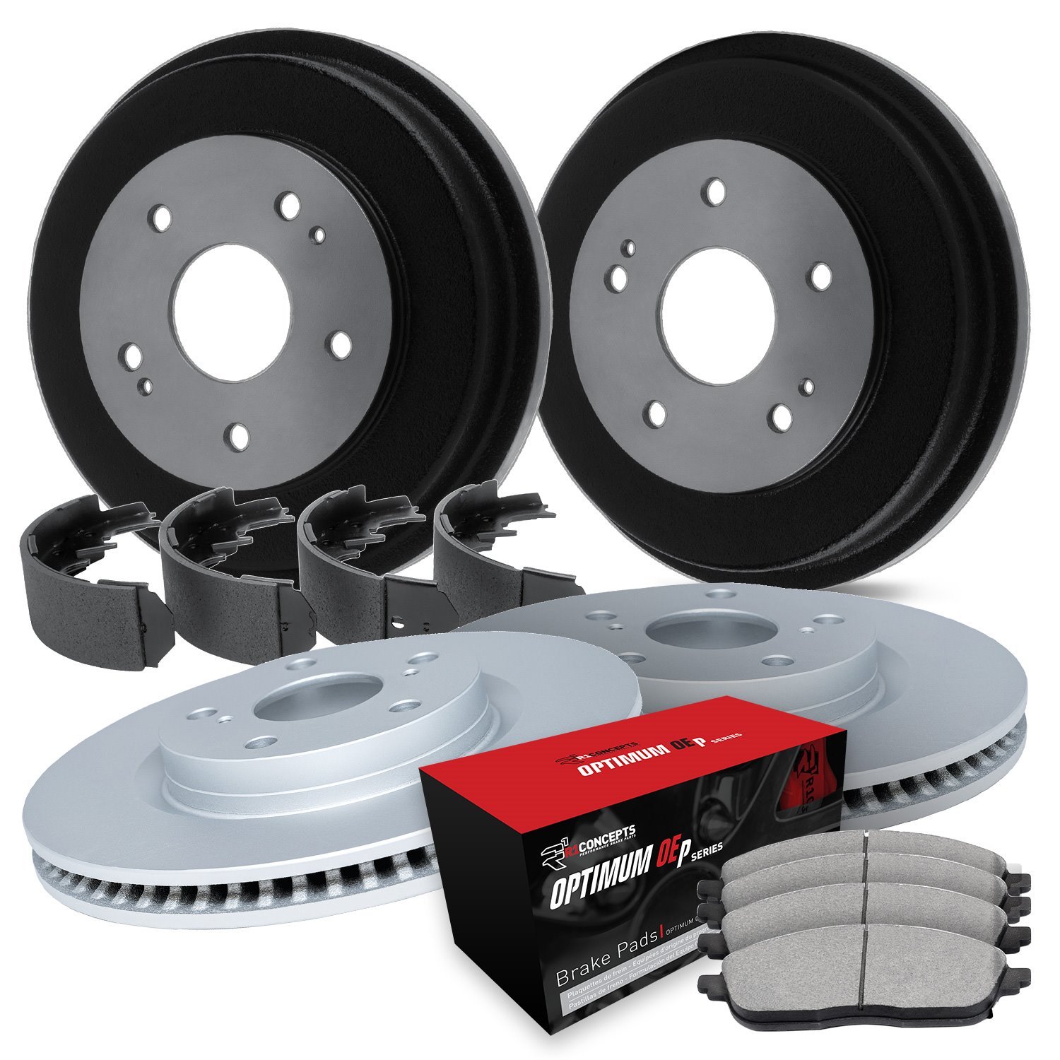 GEO-Carbon Brake Rotor & Drum Set w/Optimum OE Pads & Shoes, 2003-2004 Ford/Lincoln/Mercury/Mazda, Position: Front & Rear