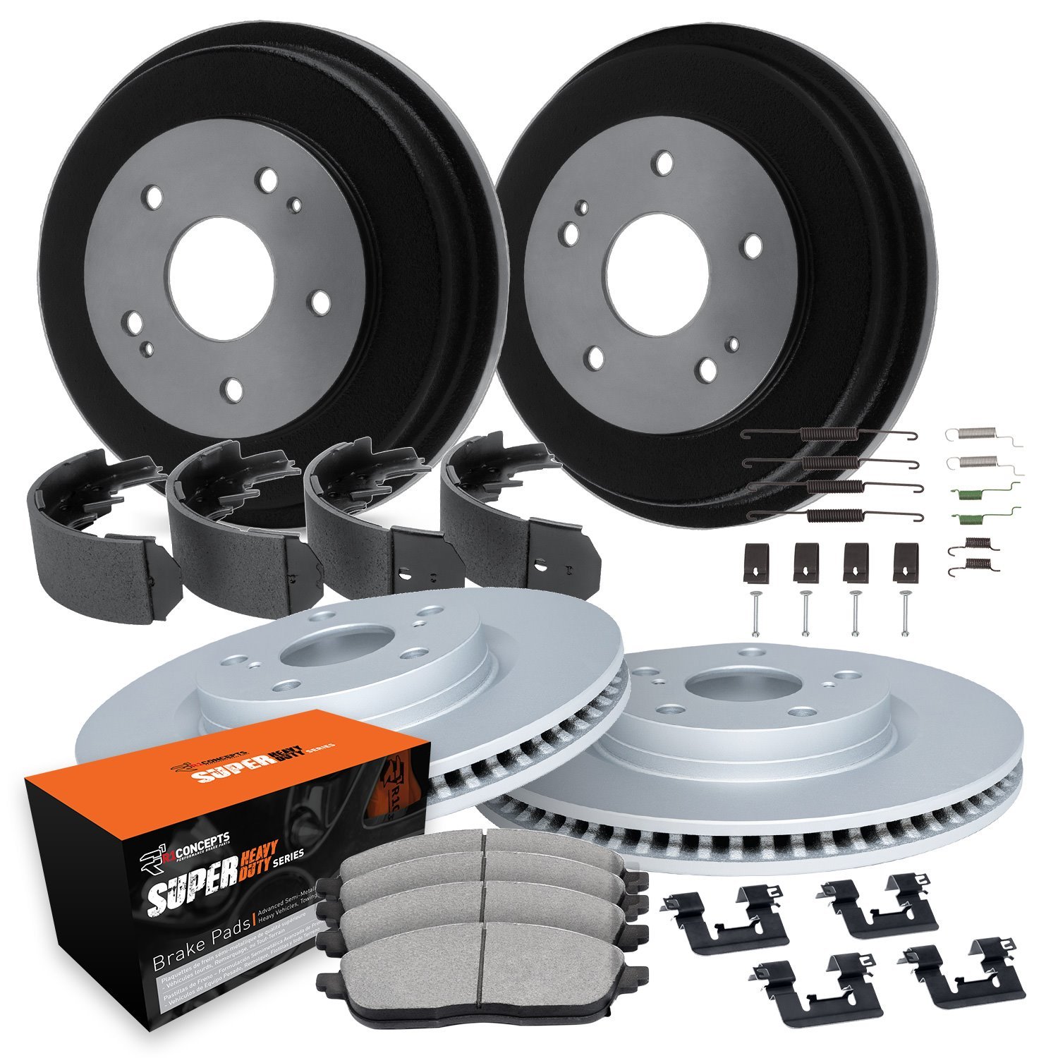 GEO-Carbon Brake Rotor & Drum Set w/Super-Duty Pads, Shoes, Hardware/Adjusters, 1993-1996 GM, Position: Front & Rear