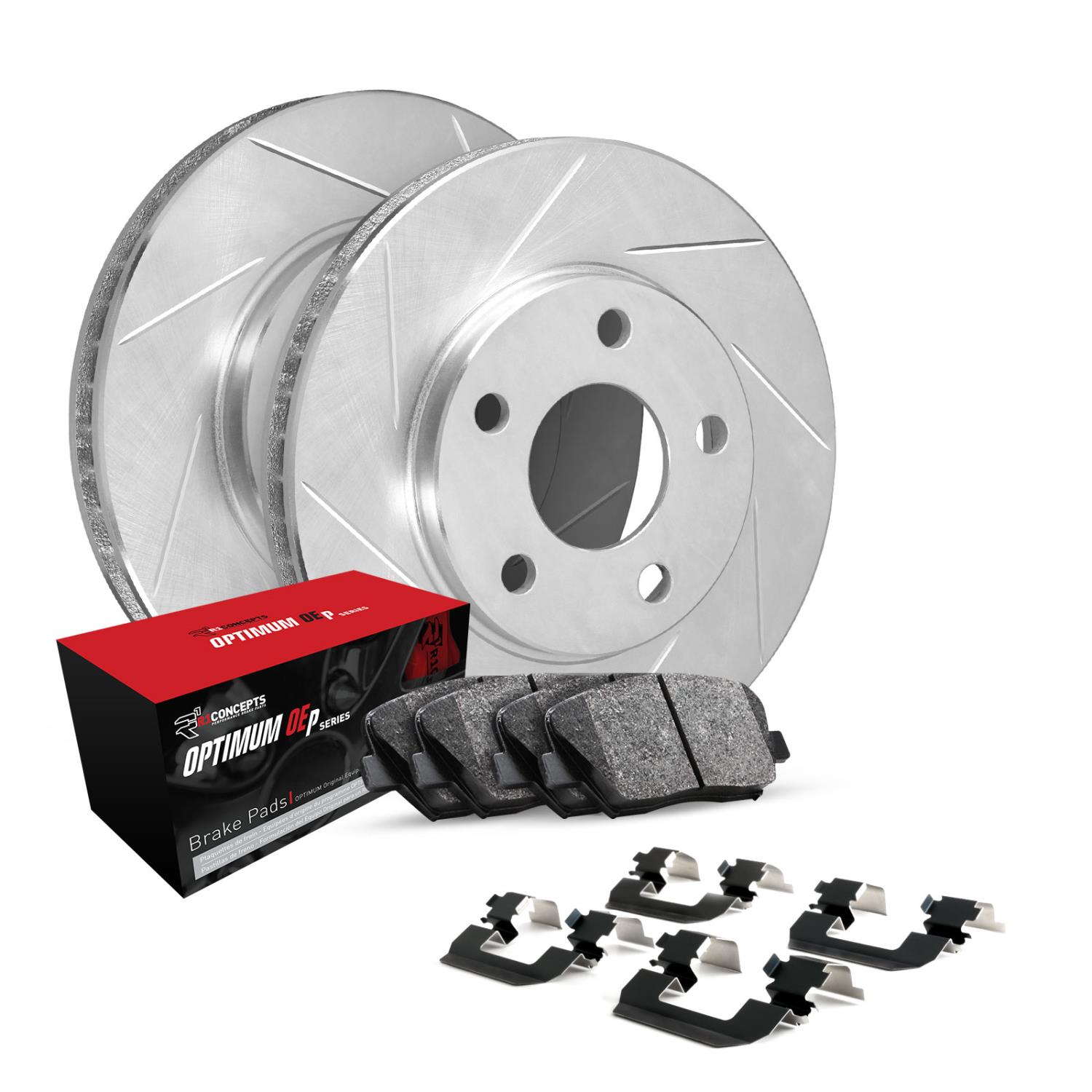 E-Line Slotted Silver Brake Rotor Set w/5000 Oep Pads & Hardware, 2004-2006 Suzuki, Position: Front
