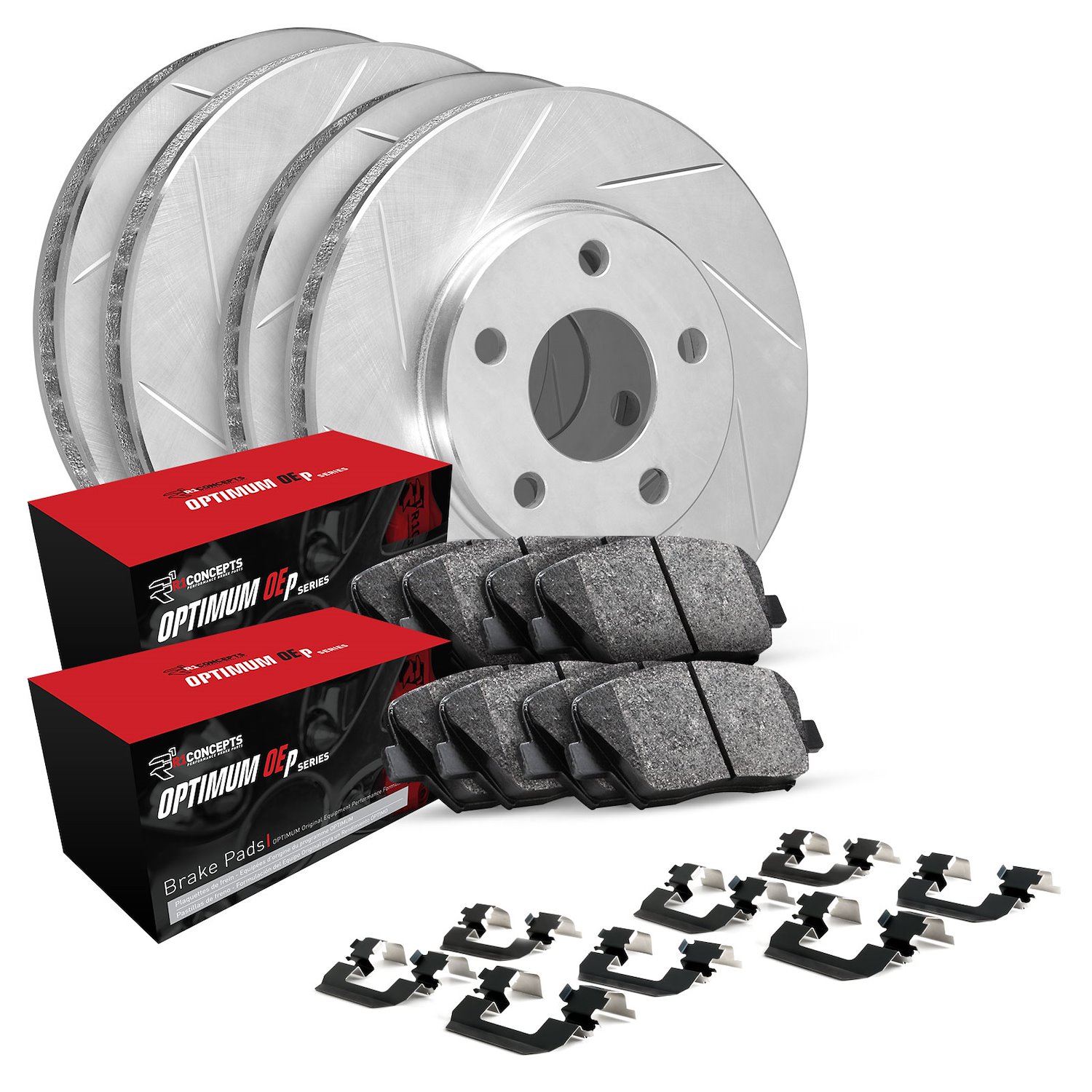 E-Line Slotted Silver Brake Rotor & Drum Set w/Optimum OE Pads, Shoes, & Hardware, 2001-2004 Suzuki, Position: Front & Rear