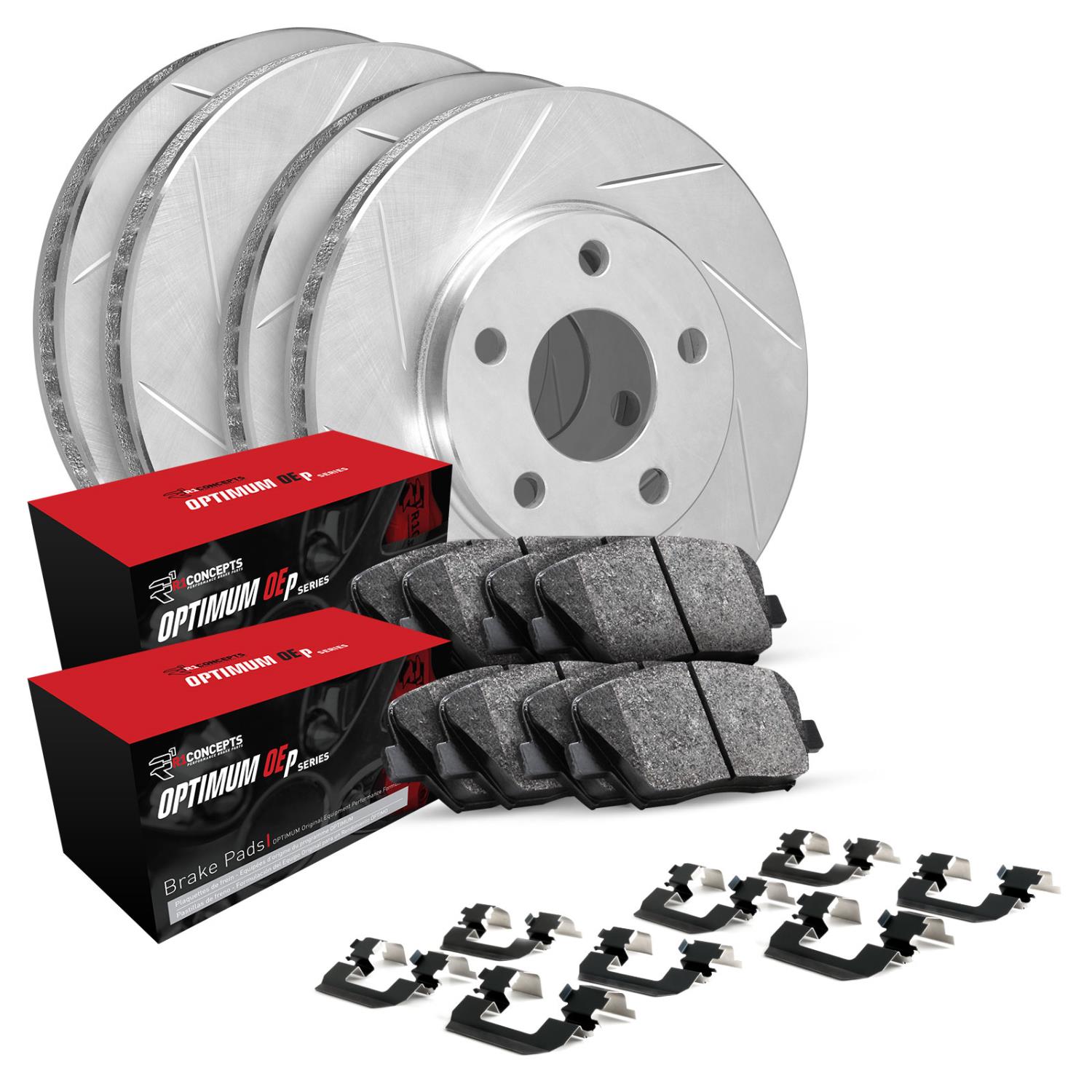 E-Line Slotted Silver Brake Rotor Set w/5000 Oep Pads & Hardware, 1994-2002 Land Rover, Position: Front & Rear