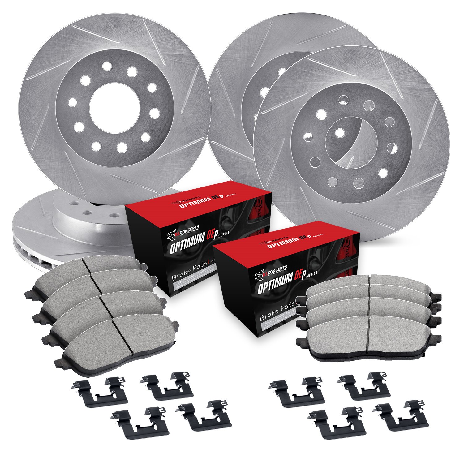 E-Line Slotted Silver Brake Rotor Set w/5000 Oep Pads & Hardware, 2013-2019 Ford/Lincoln/Mercury/Mazda, Position: Front & Rear