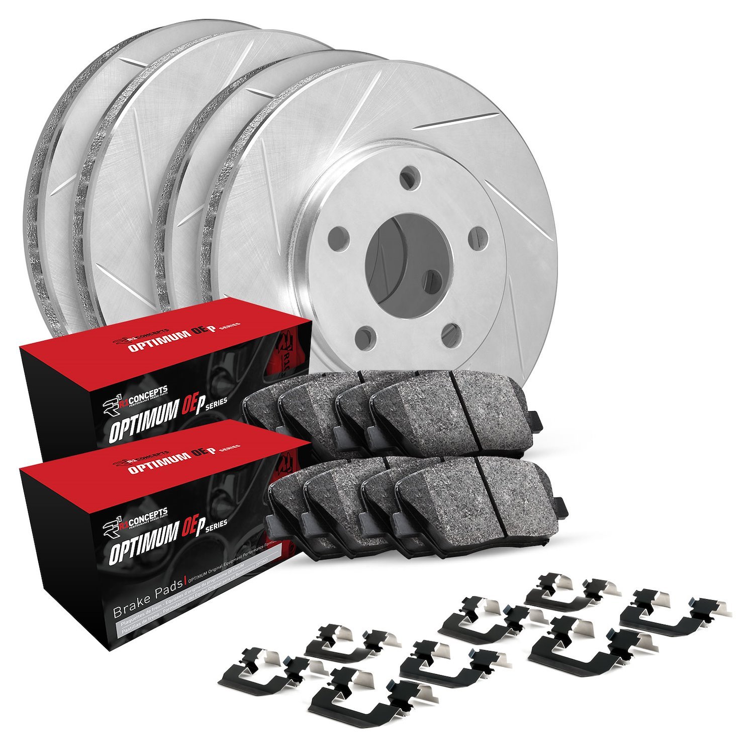 E-Line Slotted Silver Brake Rotor & Drum Set w/Optimum OE Pads, Shoes, & Hardware, 2001-2006 Infiniti/Nissan