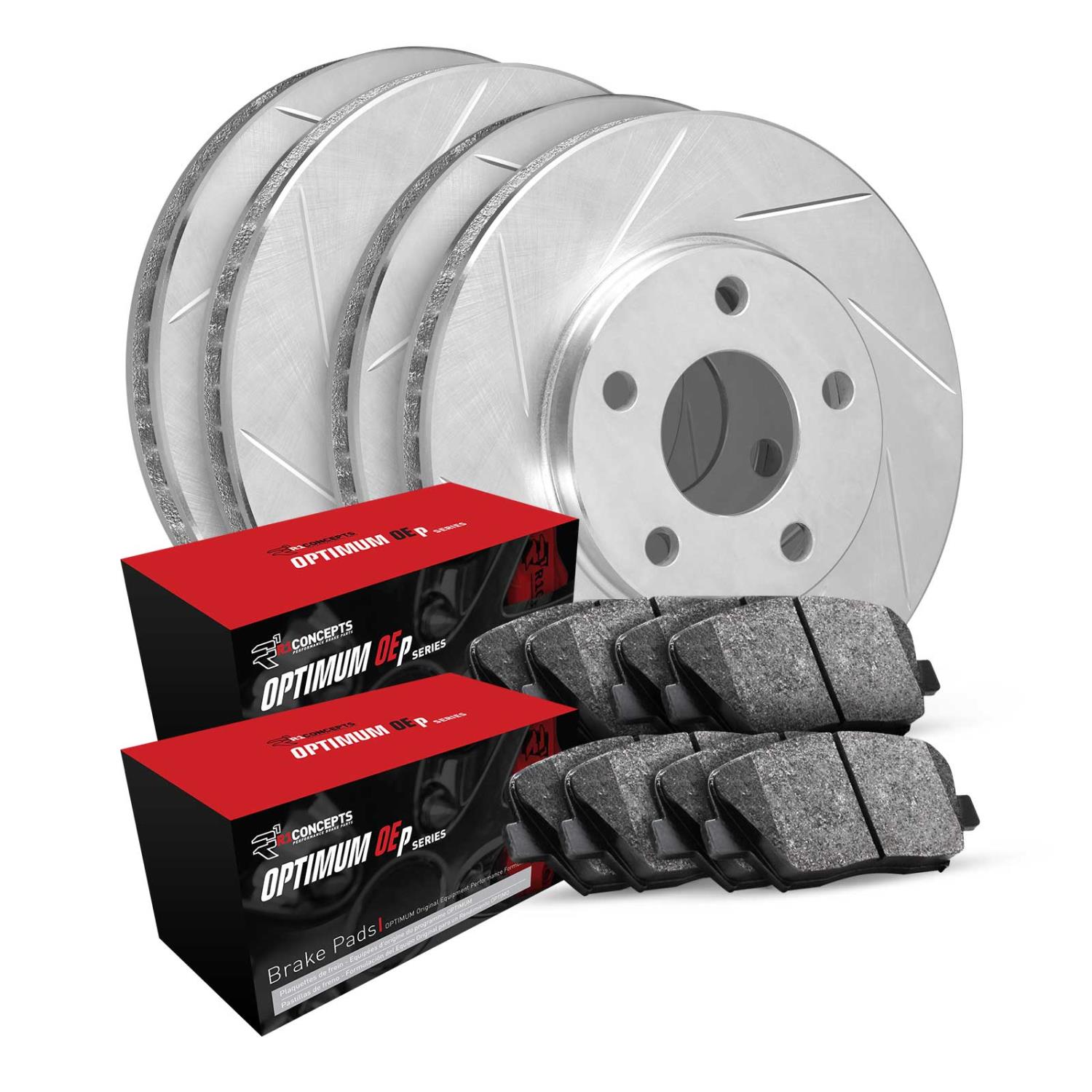 E-Line Slotted Silver Brake Rotor & Drum Set w/Optimum OE Pads & Shoes, 1990-2002 GM, Position: Front & Rear