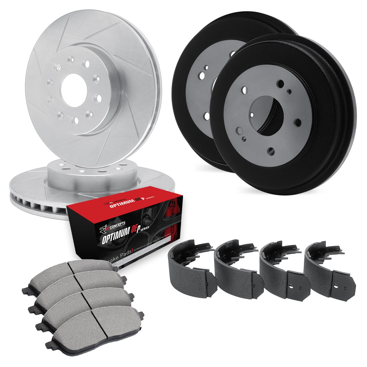 E-Line Slotted Silver Brake Rotor & Drum Set w/Optimum OE Pads & Shoes, 1998-2003 Lexus/Toyota/Scion, Position: Front & Rear