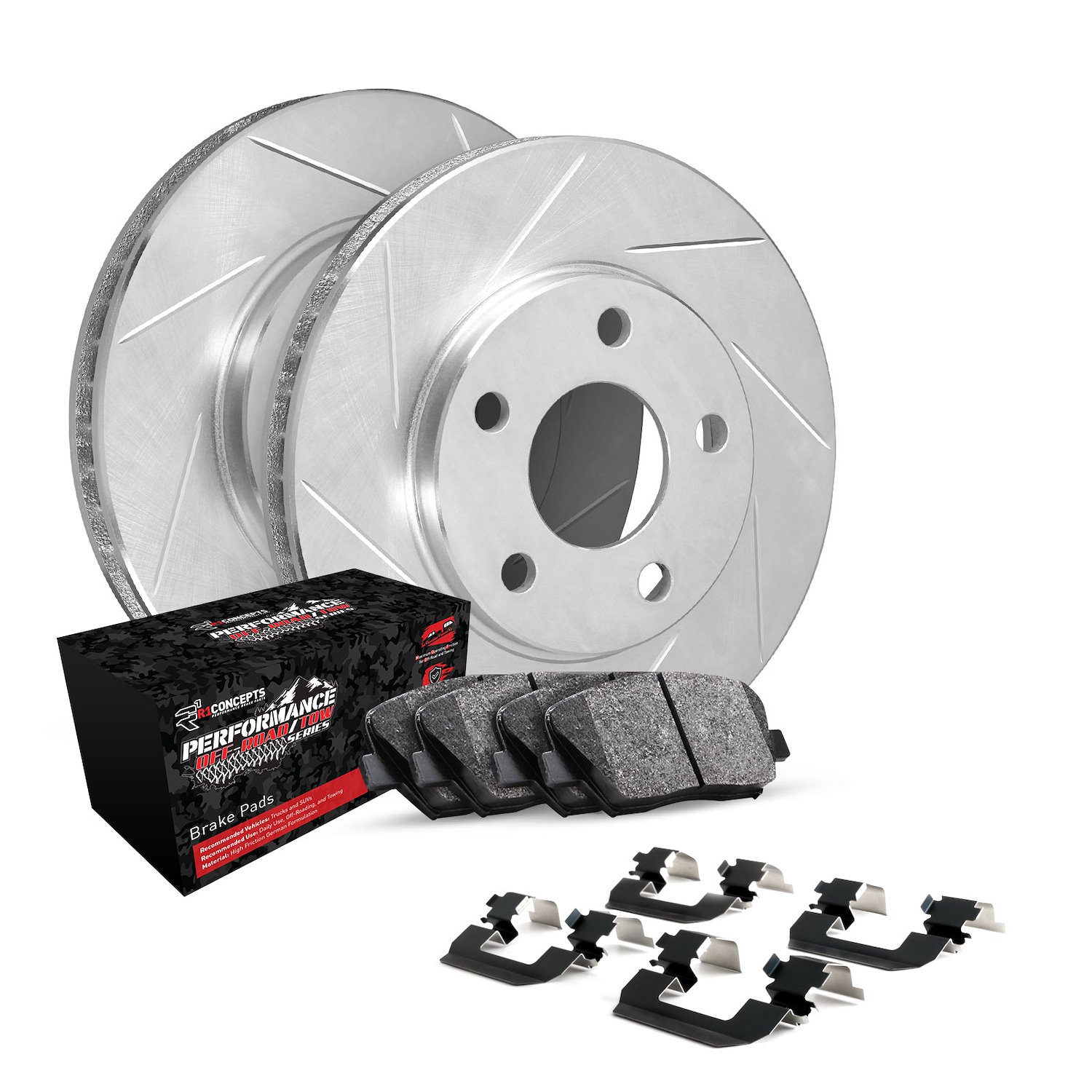 E-Line Slotted Silver Brake Rotor Set w/Performance Off-Road/Tow Pads & Hardware, 2003-2008 Mopar, Position: Rear