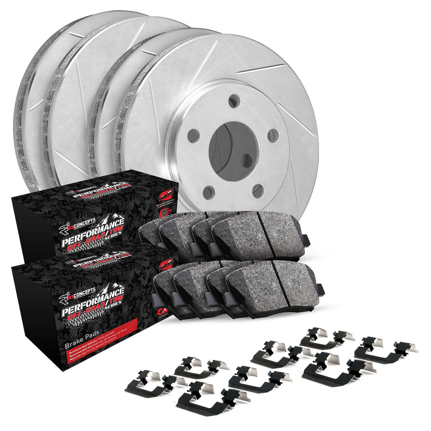 E-Line Slotted Silver Brake Rotor Set w/Performance Off-Road/Tow Pads & Hardware, 2008-2012 Mopar, Position: Front & Rear