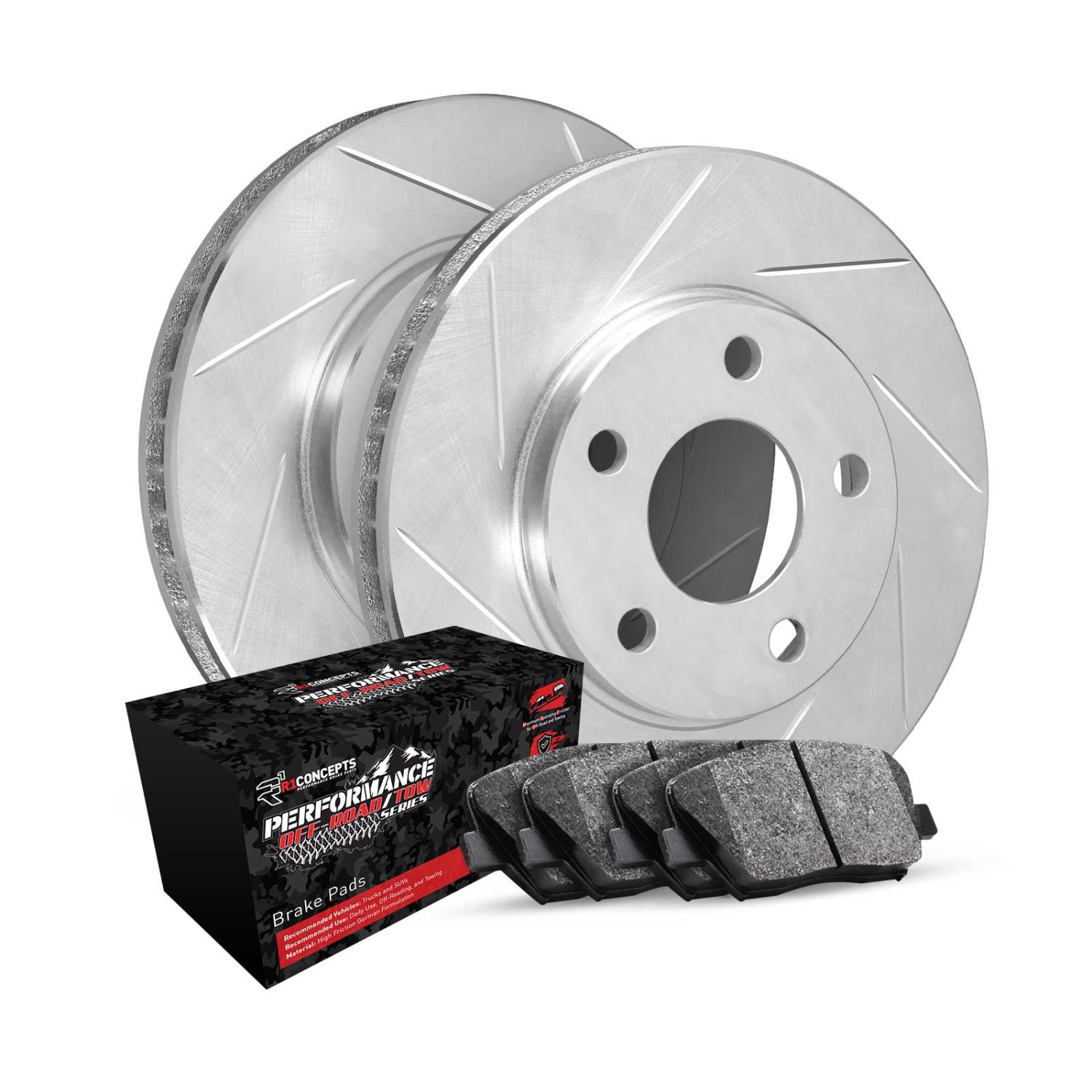 E-Line Slotted Silver Brake Rotor Set w/Performance Off-Road/Tow Pads, 1998-2002 Mopar, Position: Front