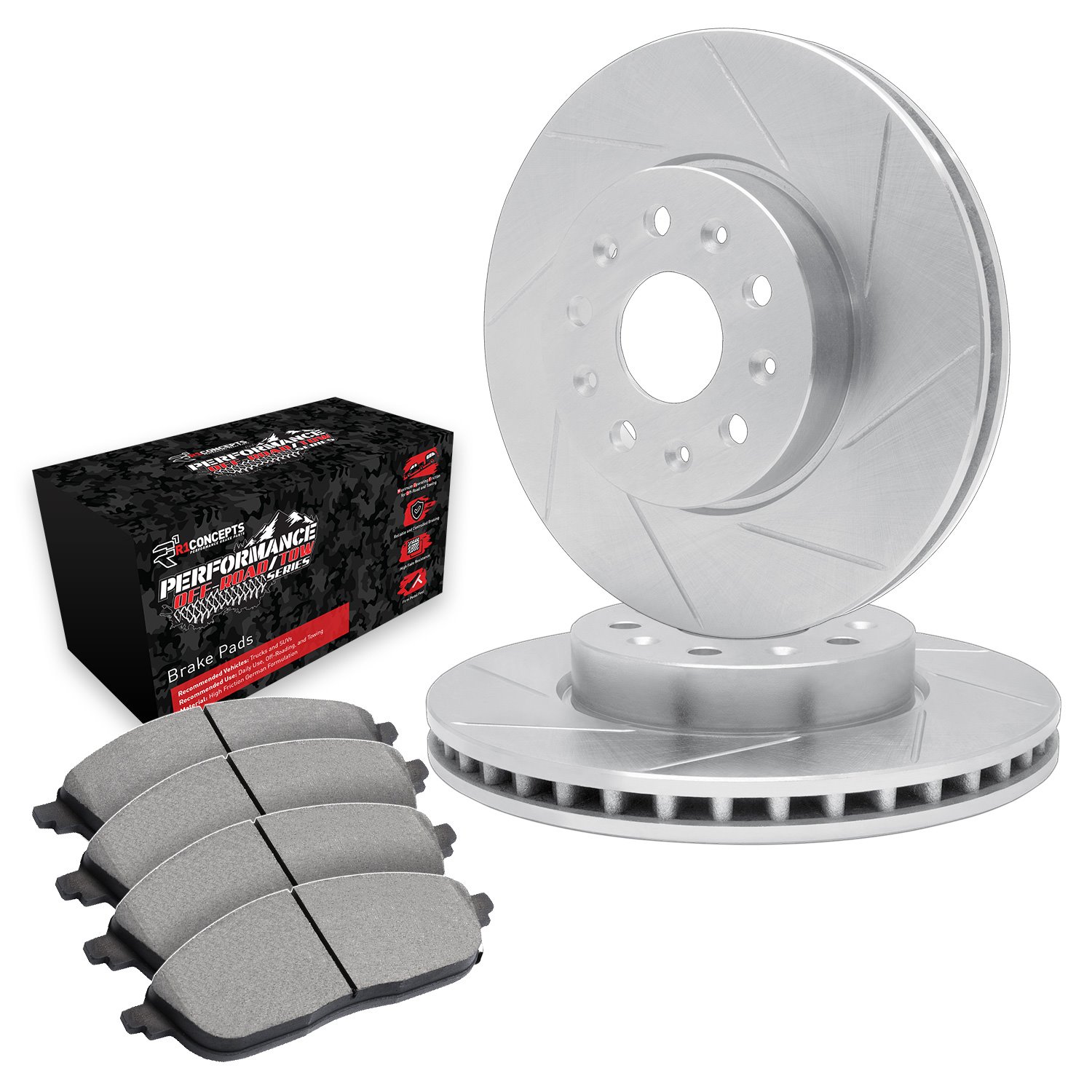 E-Line Slotted Silver Brake Rotor Set w/Performance Off-Road/Tow Pads, 1994-1995 Ford/Lincoln/Mercury/Mazda, Position: Front