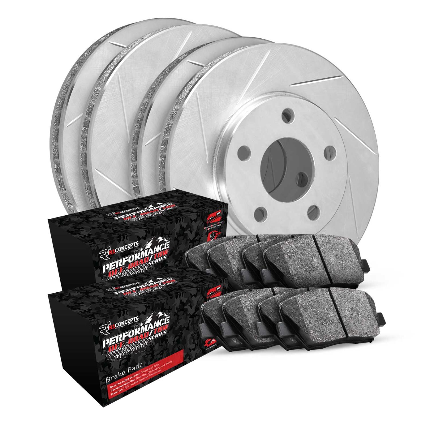 E-Line Slotted Silver Brake Rotor Set w/Performance Off-Road/Tow Pads, 2012-2013 Tesla, Position: Front & Rear