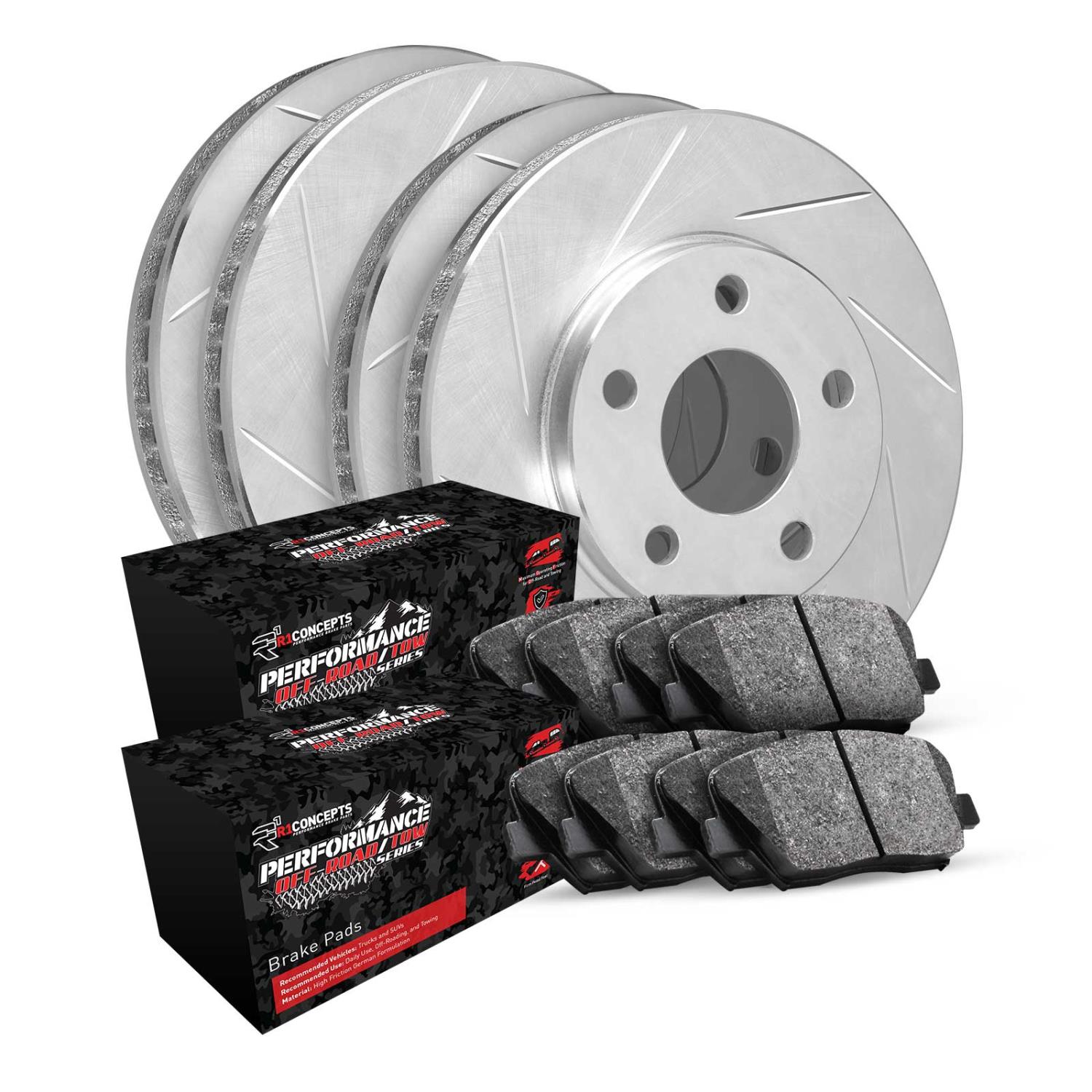 E-Line Slotted Silver Brake Rotor Set w/Performance Off-Road/Tow Pads, 2015-2017 GM, Position: Front & Rear