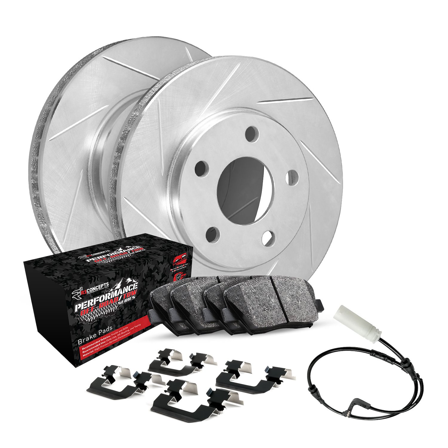 E-Line Slotted Silver Brake Rotor Set w/Performance Off-Road/Tow Pads, Sensor, & Hardware, Fits Select GM, Position: Rear