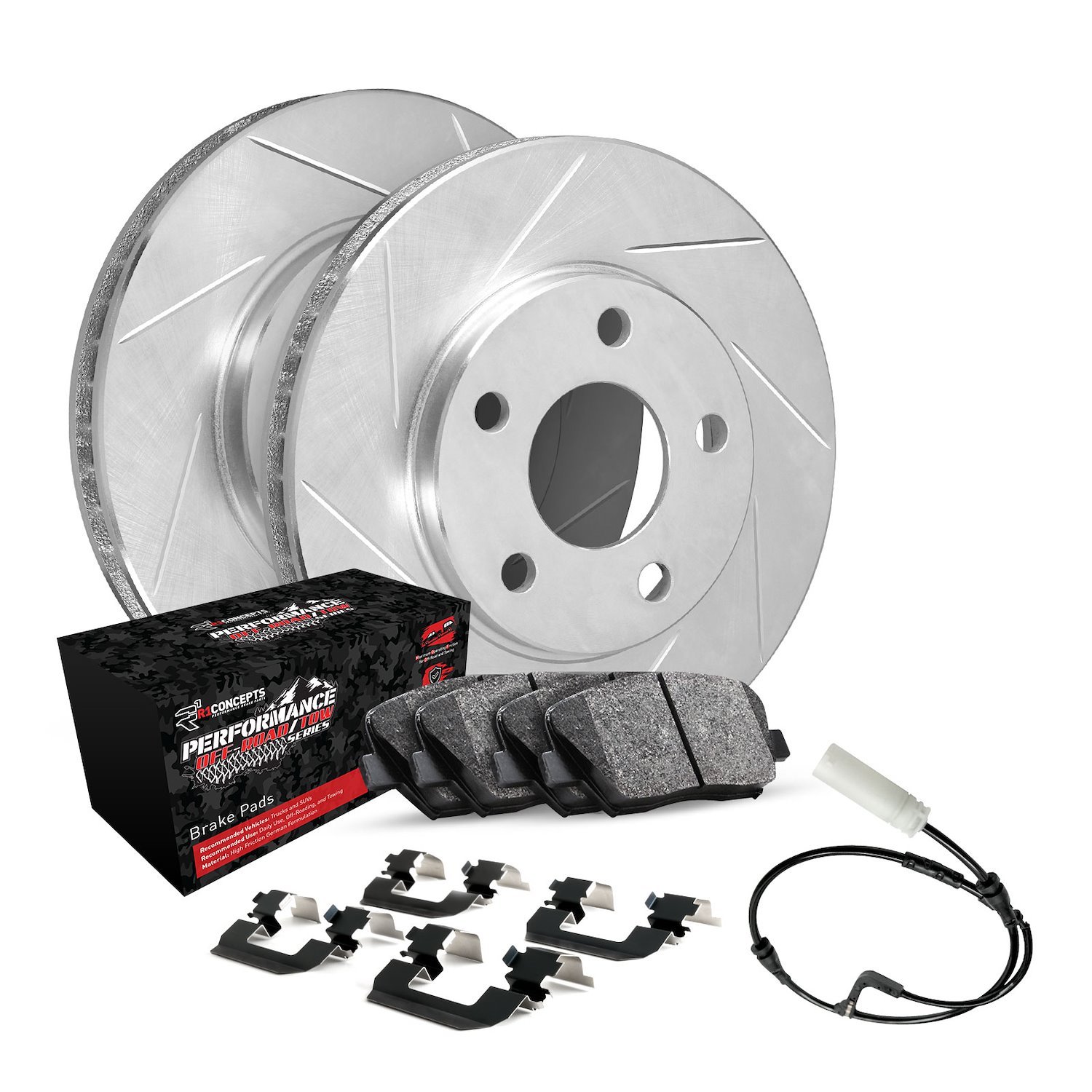 E-Line Slotted Silver Brake Rotor Set w/Performance Off-Road/Tow Pads, Sensor, & Hardware, 2012-2018 Mercedes-Benz