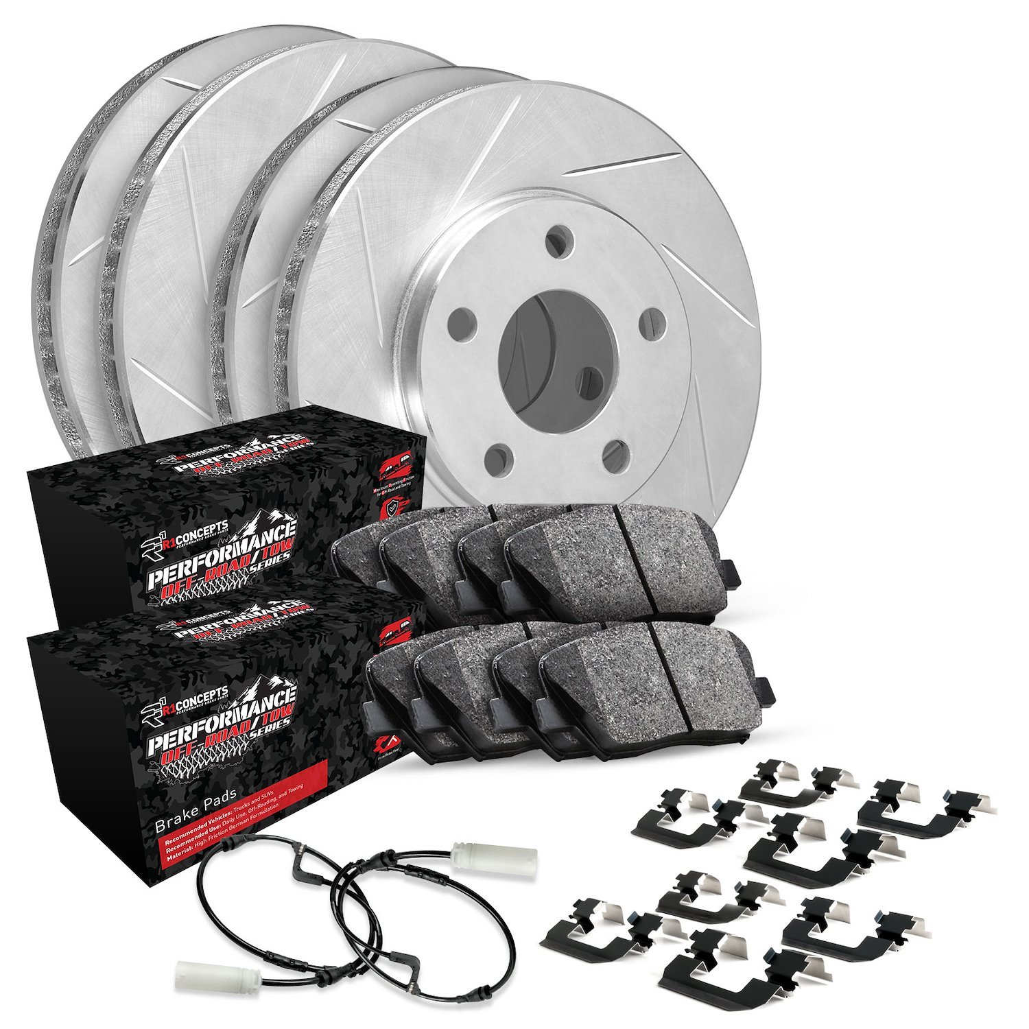 E-Line Slotted Silver Brake Rotor Set w/Performance Off-Road/Tow Pads, Sensor, & Hardware, Fits Select GM