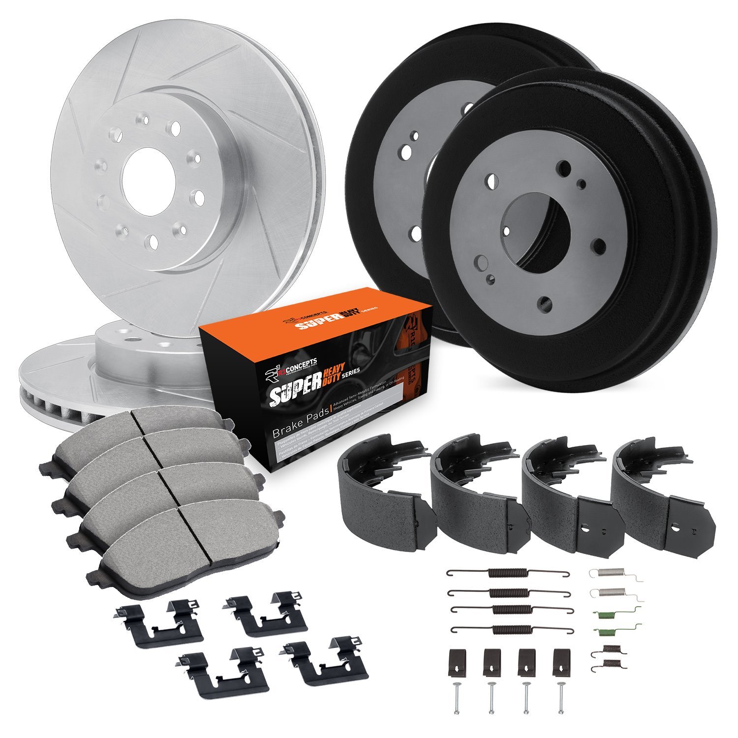 E-Line Slotted Silver Rotor & Drum Set w/Super-Duty Pads, Shoes/Hardware/Adjusters, 1993-1996 GM