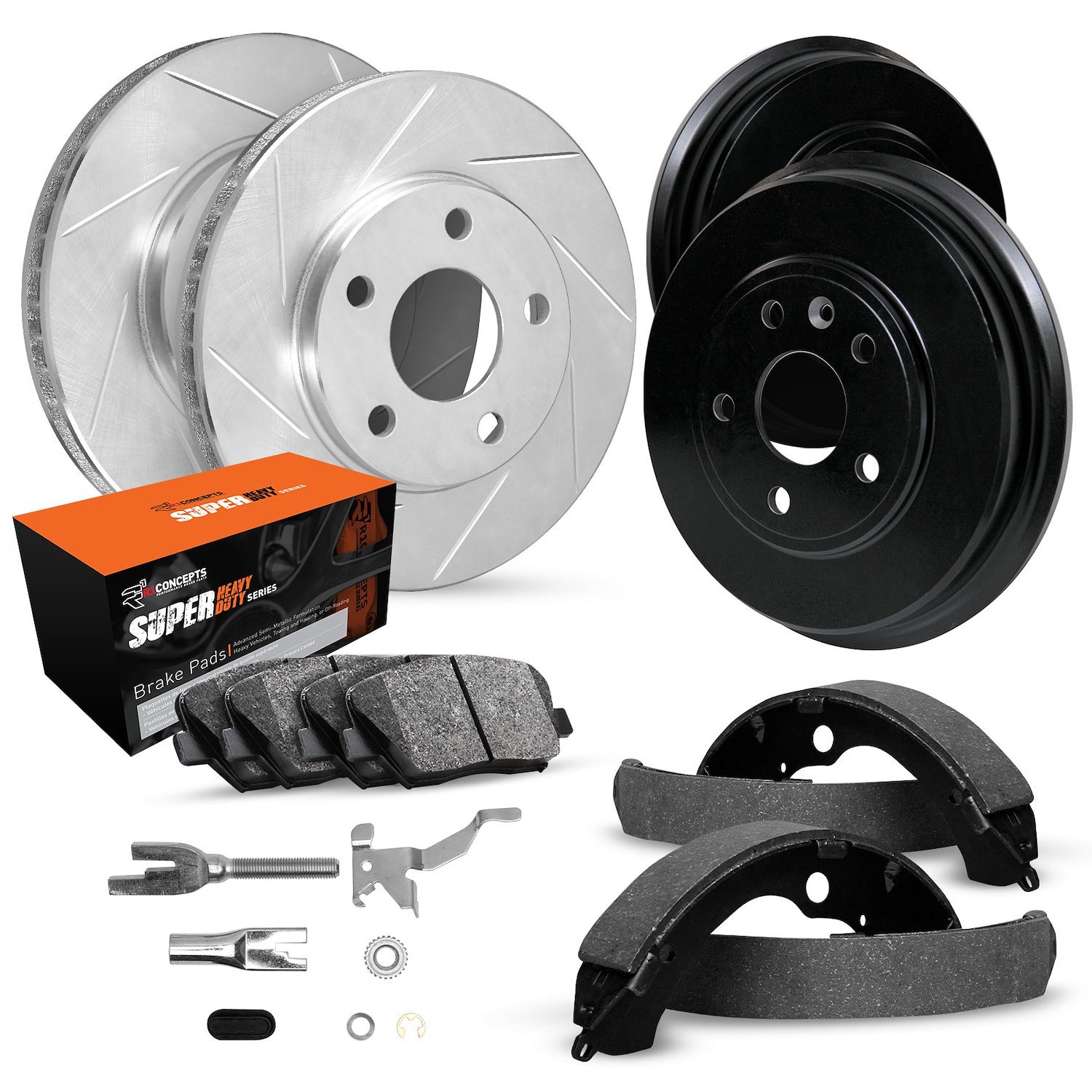 E-Line Slotted Silver Brake Rotor & Drum Set w/Super-Duty Pads, Shoes, & Adjusters, 1974-1991 GM, Position: Front & Rear