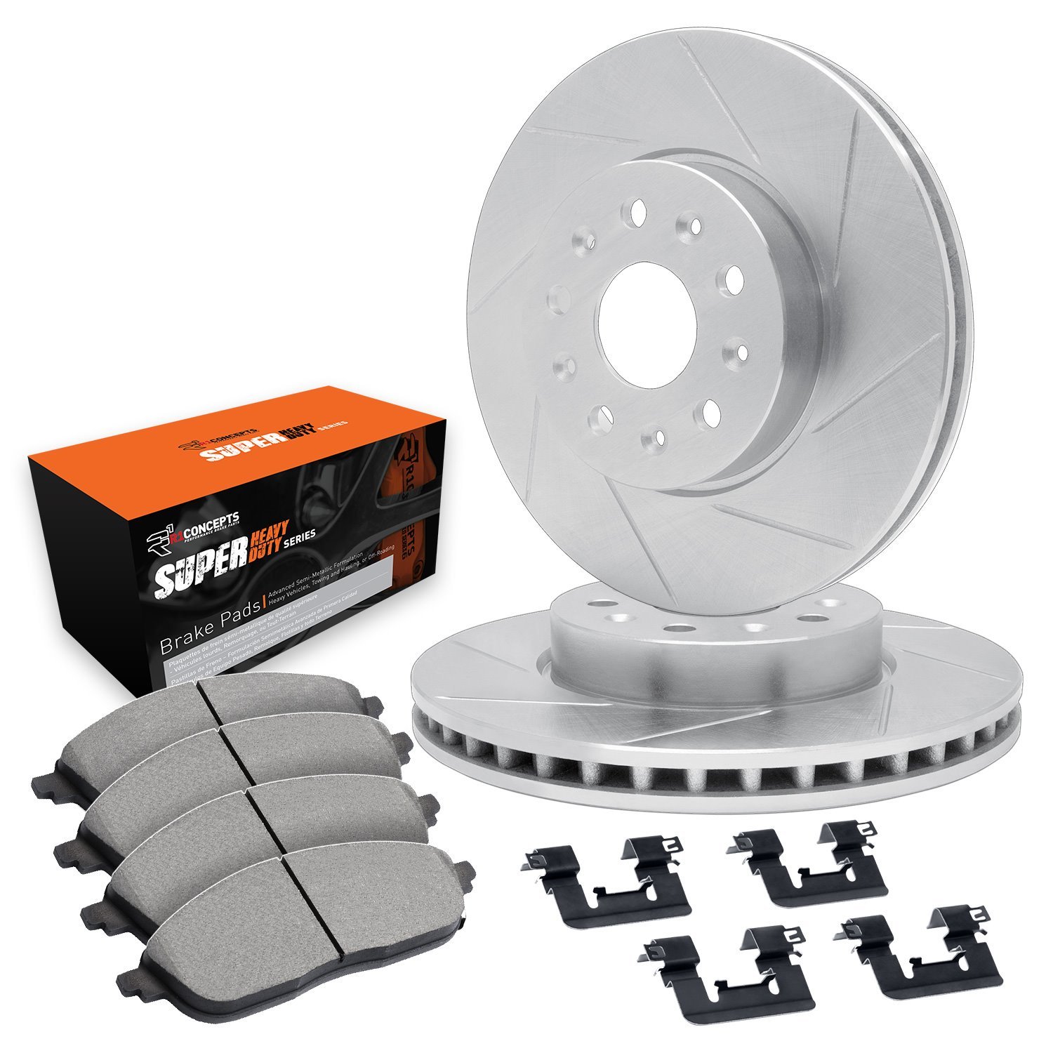 E-Line Slotted Silver Brake Rotor Set w/Super-Duty Pads & Hardware, 1990-1991 Ford/Lincoln/Mercury/Mazda, Position: Front