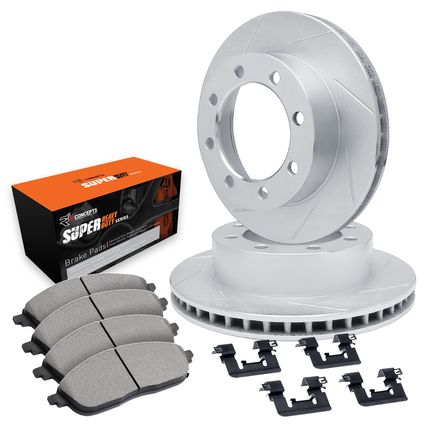 E-Line Slotted Silver Brake Rotor Set w/Super-Duty Pads & Hardware, 1999-1999 Ford/Lincoln/Mercury/Mazda, Position: Front