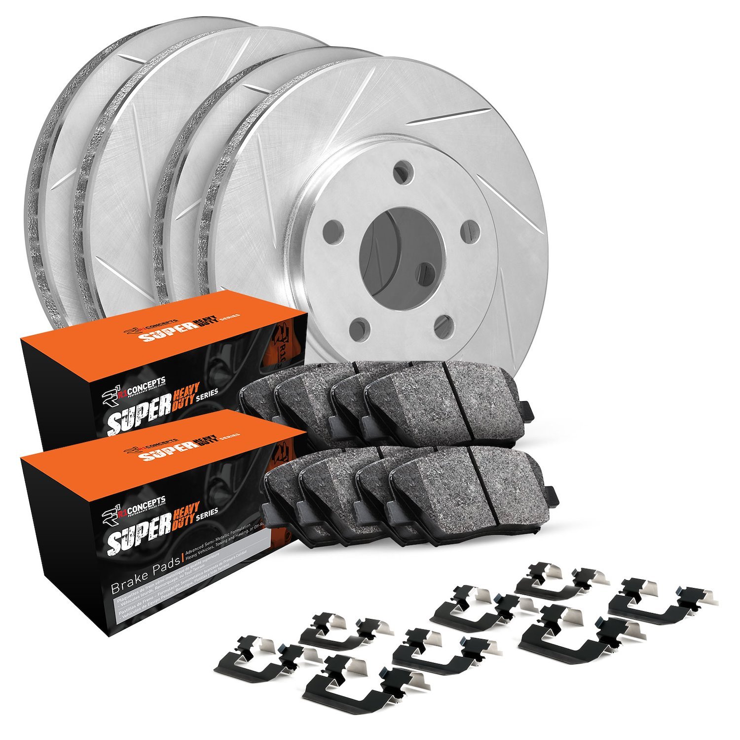 E-Line Slotted Silver Brake Rotor & Drum Set w/Super-Duty Pads, Shoes, & Hardware, 1994-1999 Mopar, Position: Front & Rear