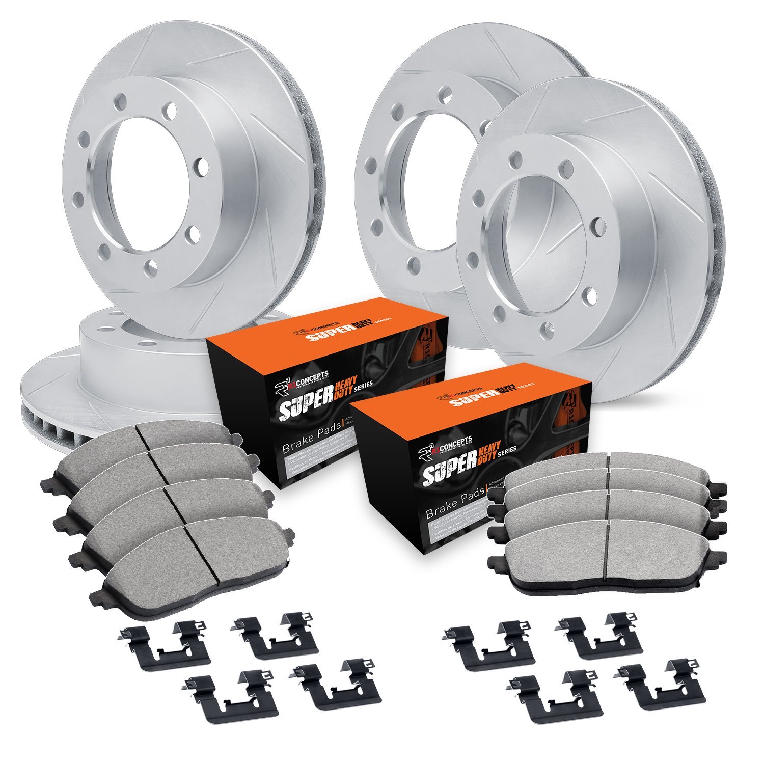 E-Line Slotted Silver Brake Rotor Set w/Super-Duty Pads & Hardware, 1999-2000 Ford/Lincoln/Mercury/Mazda, Position: Front & Rear