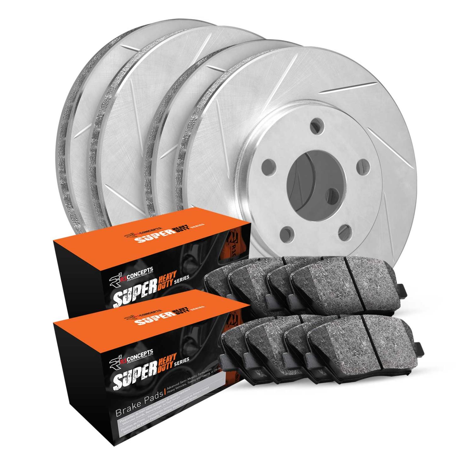 E-Line Slotted Silver Brake Rotor & Drum Set w/Super-Duty Pads & Shoes, 1994-1999 Mopar, Position: Front & Rear