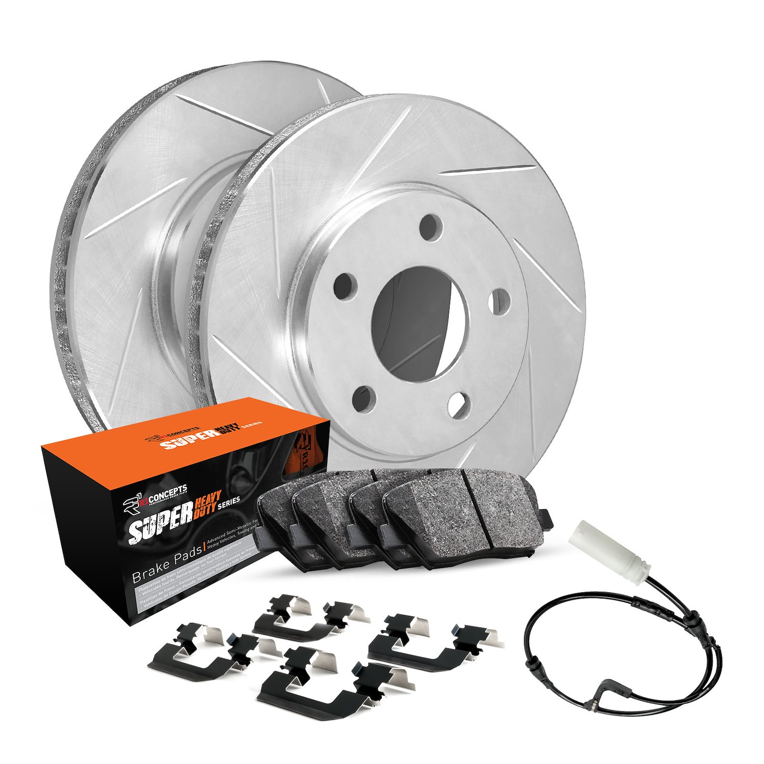 E-Line Slotted Silver Brake Rotor Set w/Super-Duty Pads, Sensor, & Hardware, 2002-2006 Fits Multiple Makes/Models