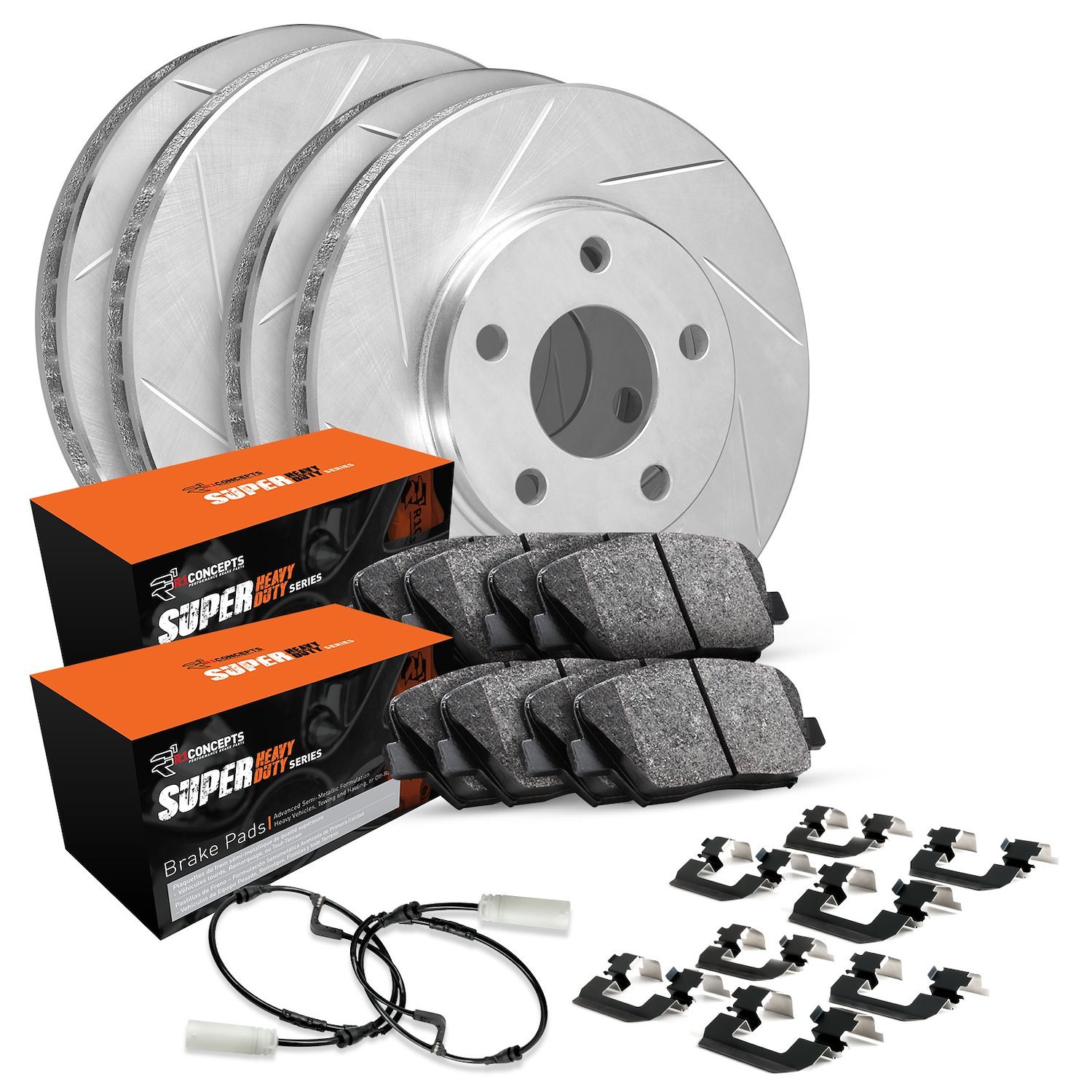 E-Line Slotted Silver Brake Rotor Set w/Super-Duty Pads, Sensor, & Hardware, 2006-2006 Mopar, Position: Front & Rear