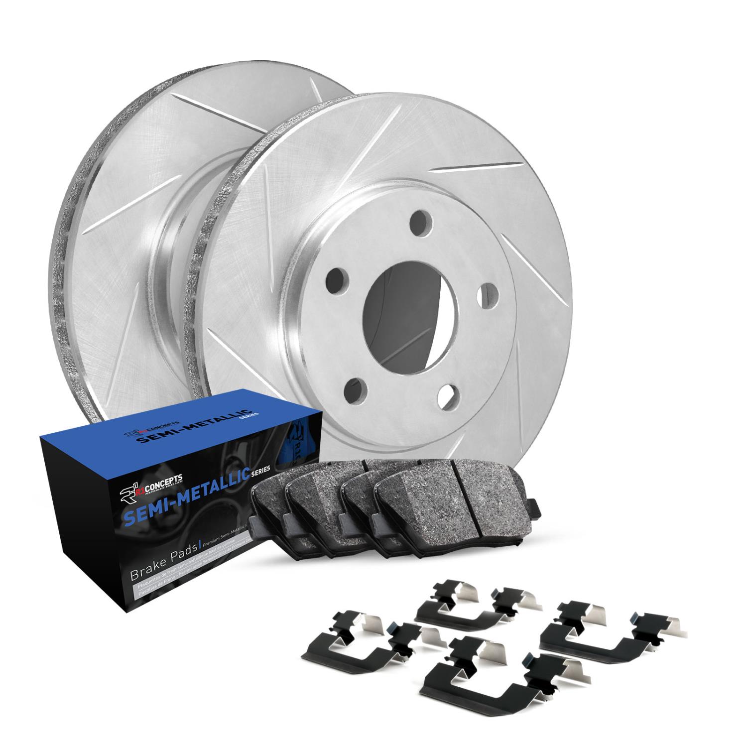 E-Line Slotted Silver Brake Rotor Set w/Semi-Met Pads & Hardware, 1971-1991 Fits Multiple Makes/Models, Position: Front