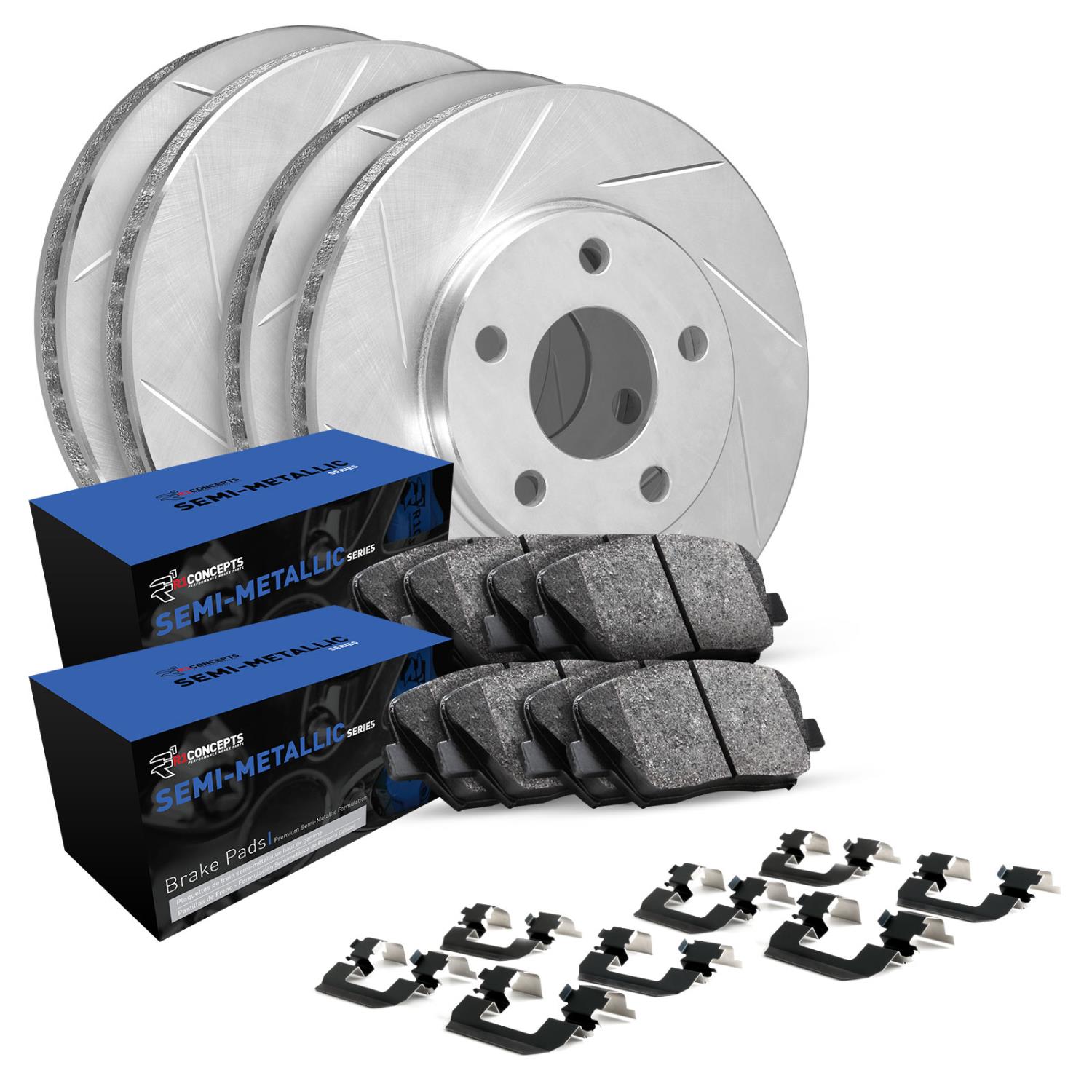 E-Line Slotted Silver Brake Rotor Set w/Semi-Met Pads & Hardware, 1987-1989 Land Rover, Position: Front & Rear