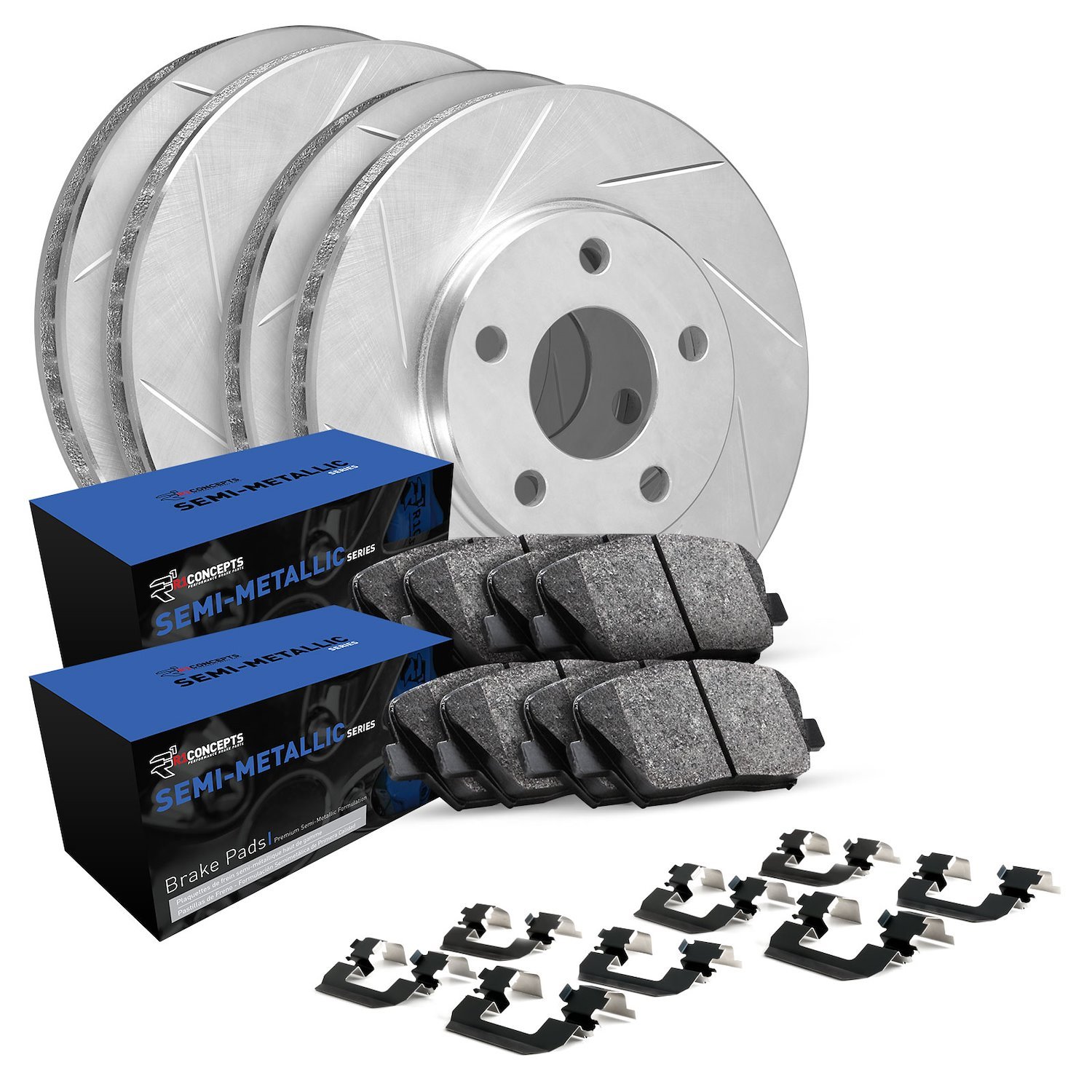 E-Line Slotted Silver Brake Rotor Set w/Semi-Met Pads & Hardware, 2005-2007 Land Rover, Position: Front & Rear
