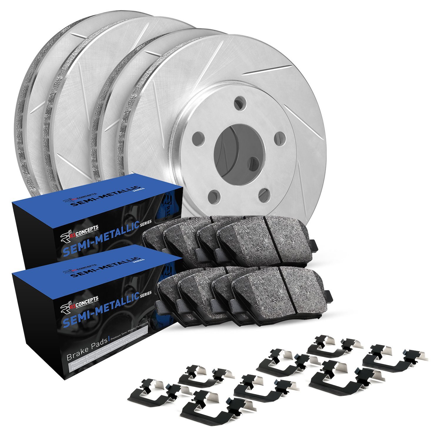 E-Line Slotted Silver Brake Rotor Set w/Semi-Met Pads & Hardware, 2013-2019 Mercedes-Benz, Position: Front & Rear