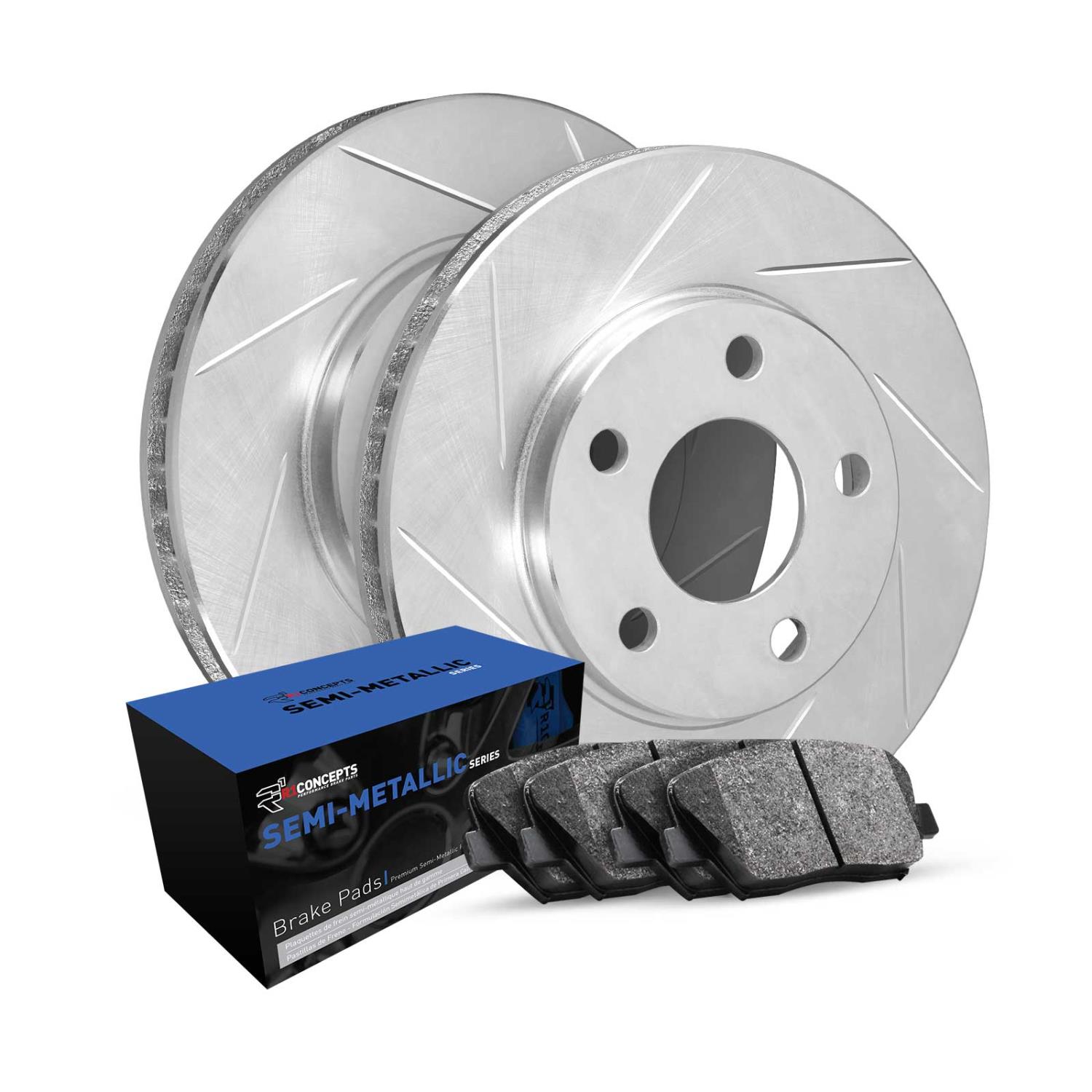 E-Line Slotted Silver Brake Rotor Set w/Semi-Met Pads, 1974-1984 Mopar, Position: Front