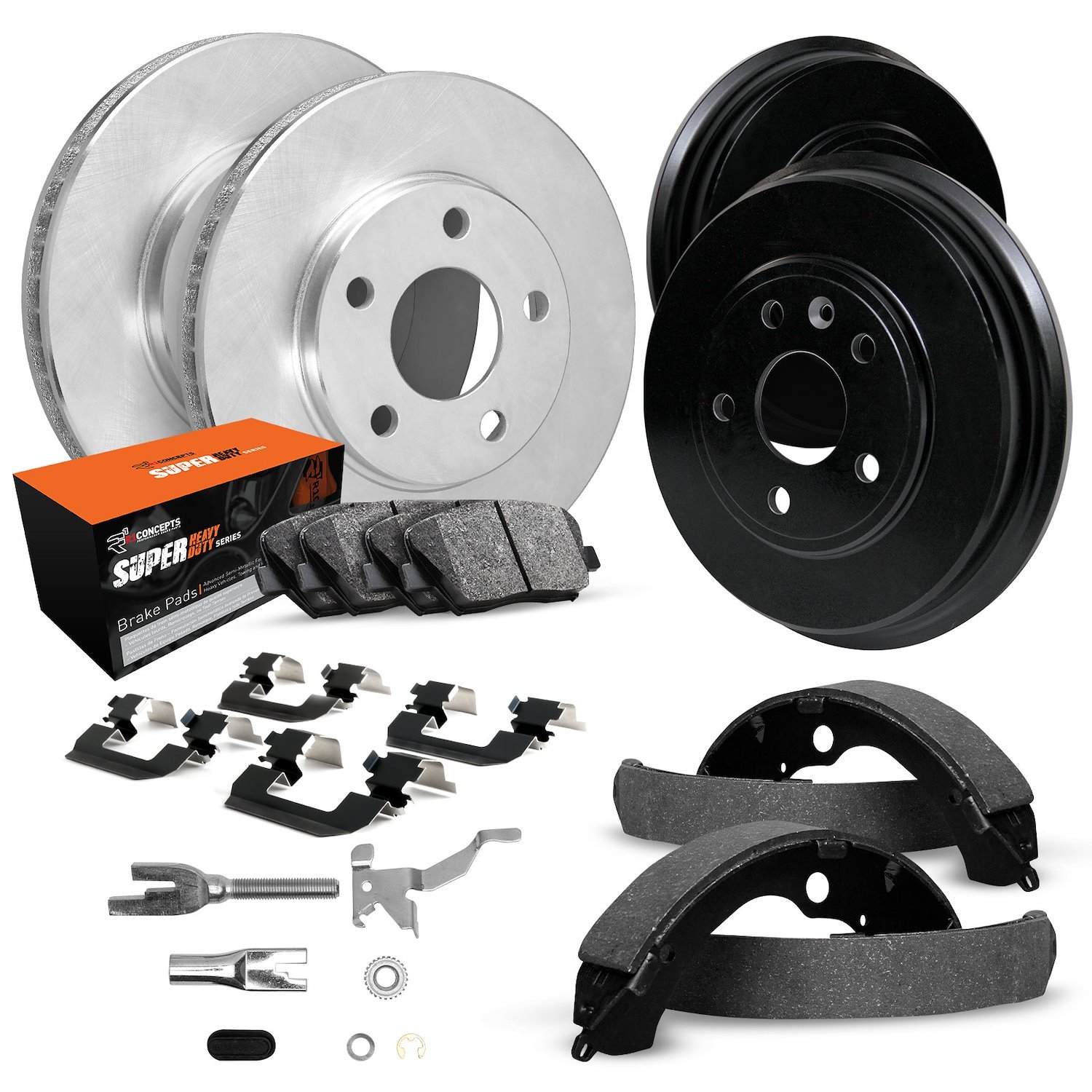 E-Line Blank Brake Rotor & Drum Set w/Super-Duty Pads, Shoes, Hardware, & Adjusters, 1986-1989 Mopar, Position: Front & Rear