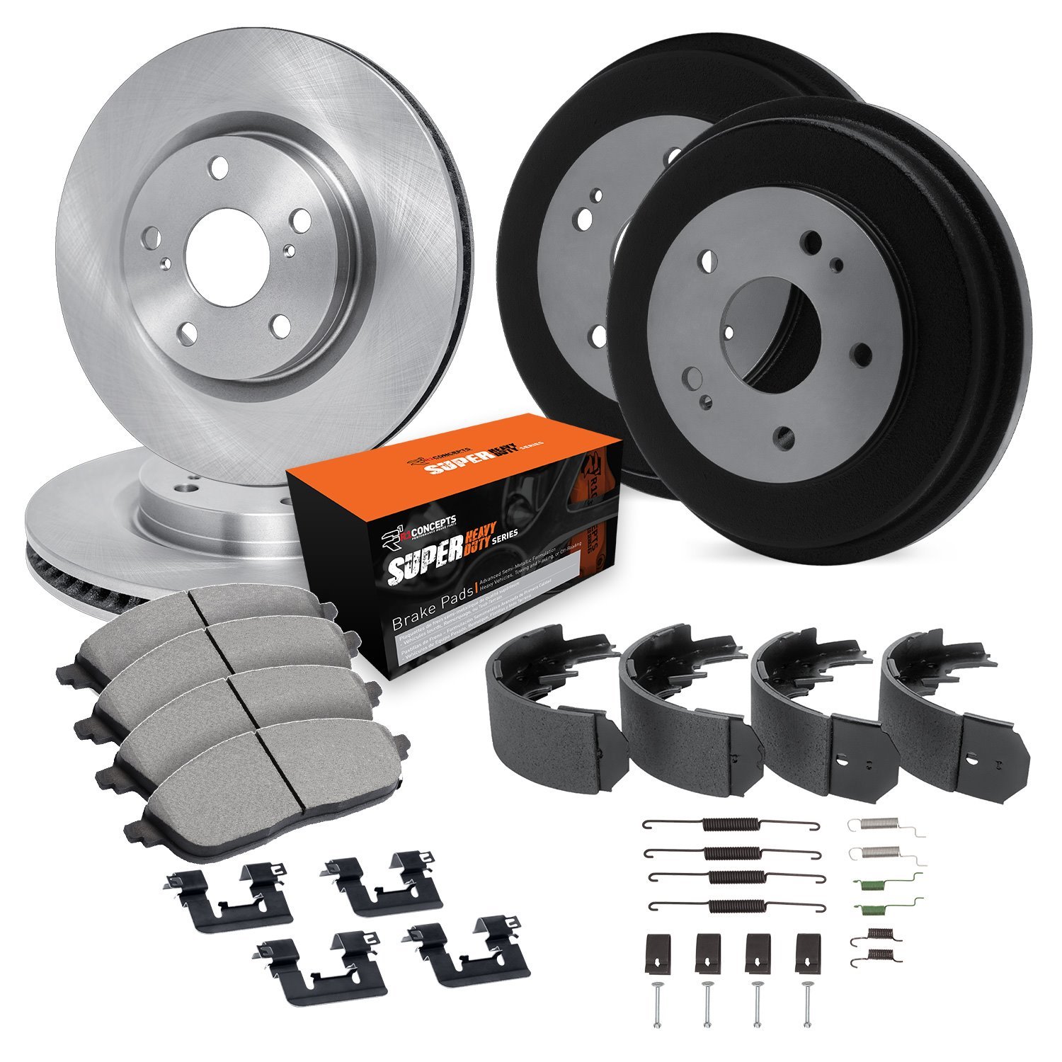 E-Line Blank Brake Rotor & Drum Set w/Super-Duty Pads, Shoes, Hardware, & Adjusters, 1993-1996 GM, Position: Front & Rear