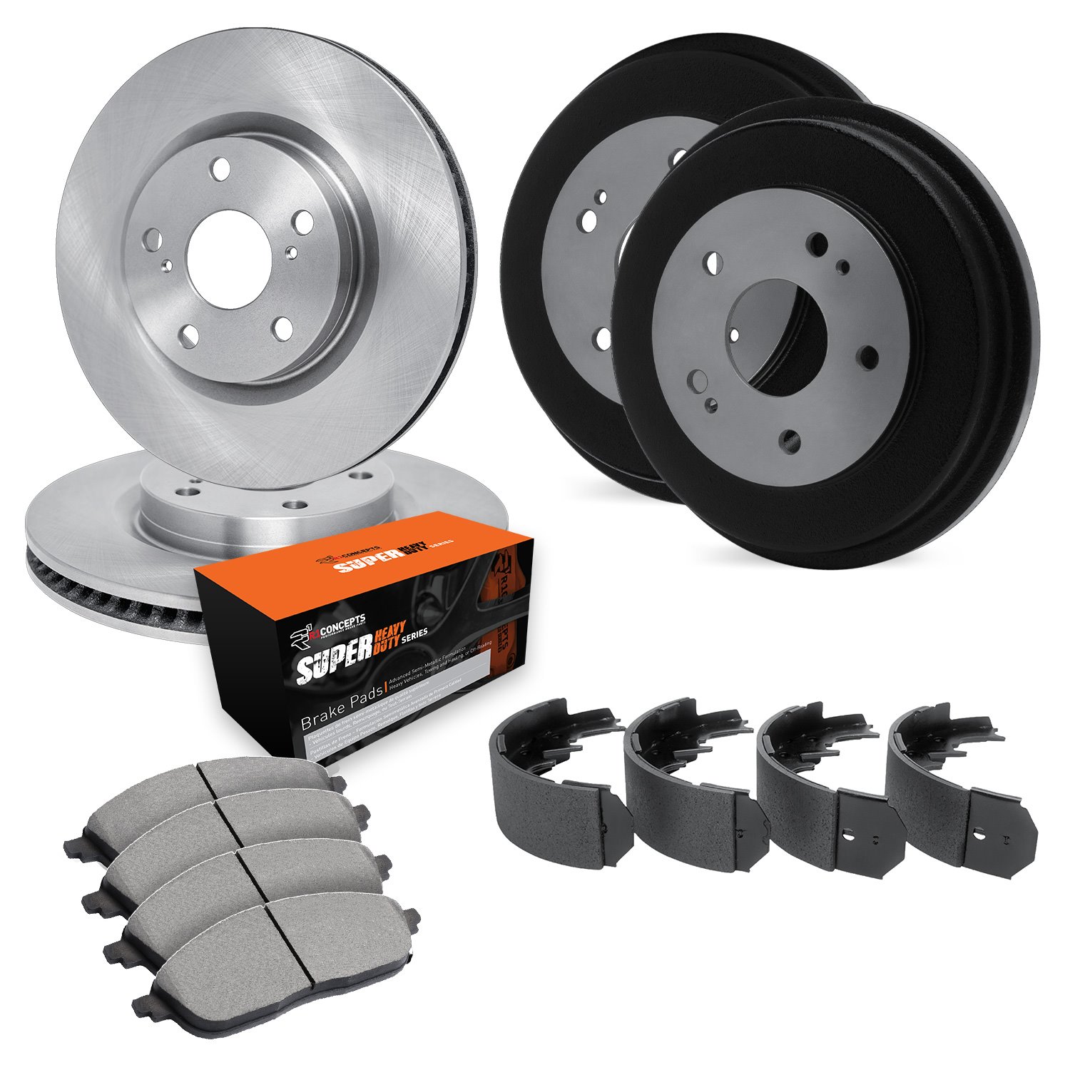 E-Line Blank Brake Rotor & Drum Set w/Super-Duty Pads & Shoes, 1994-1995 Ford/Lincoln/Mercury/Mazda, Position: Front & Rear