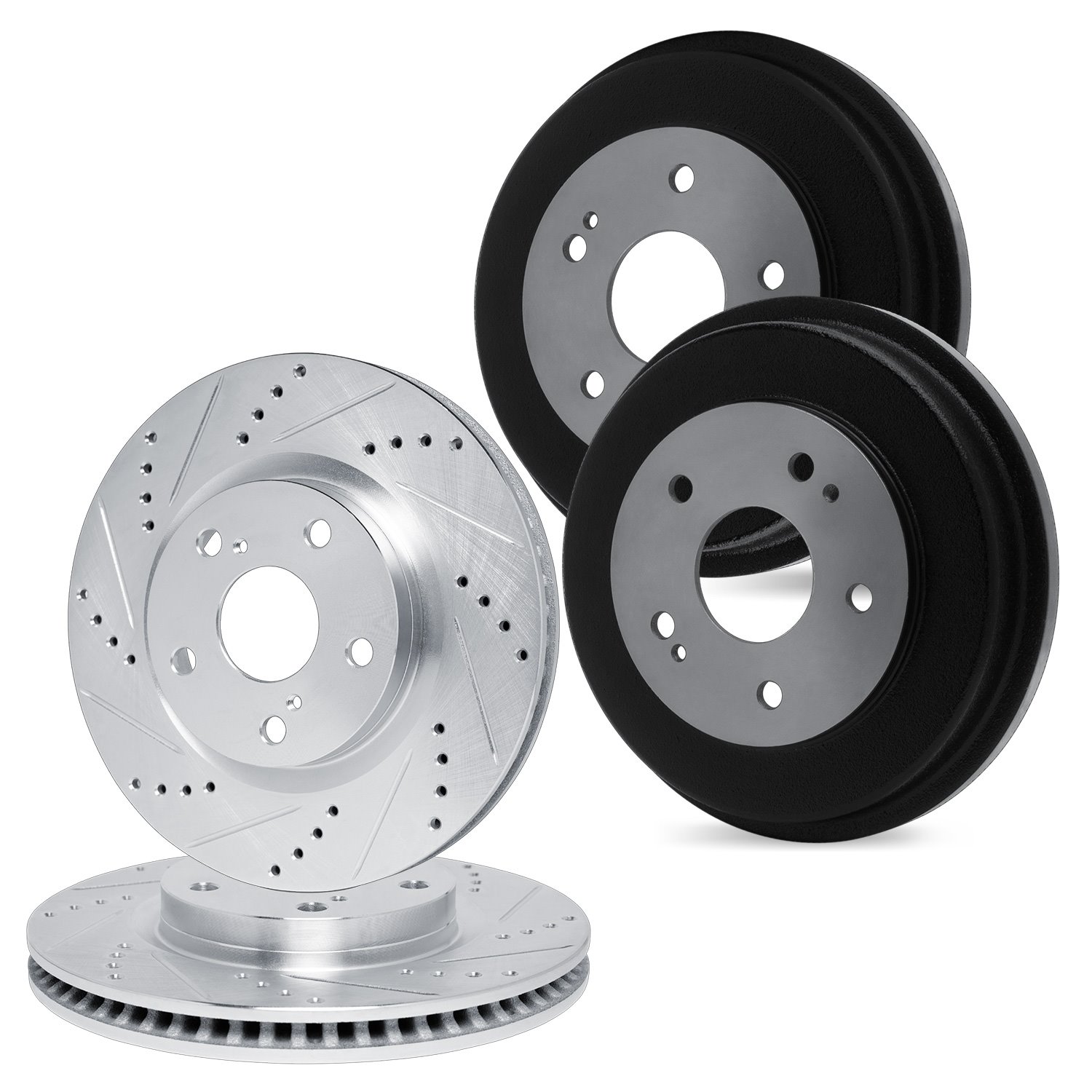 E-Line Drilled & Slotted Silver Brake Rotor & Drum Set, 1994-1995 Ford/Lincoln/Mercury/Mazda, Position: Front & Rear