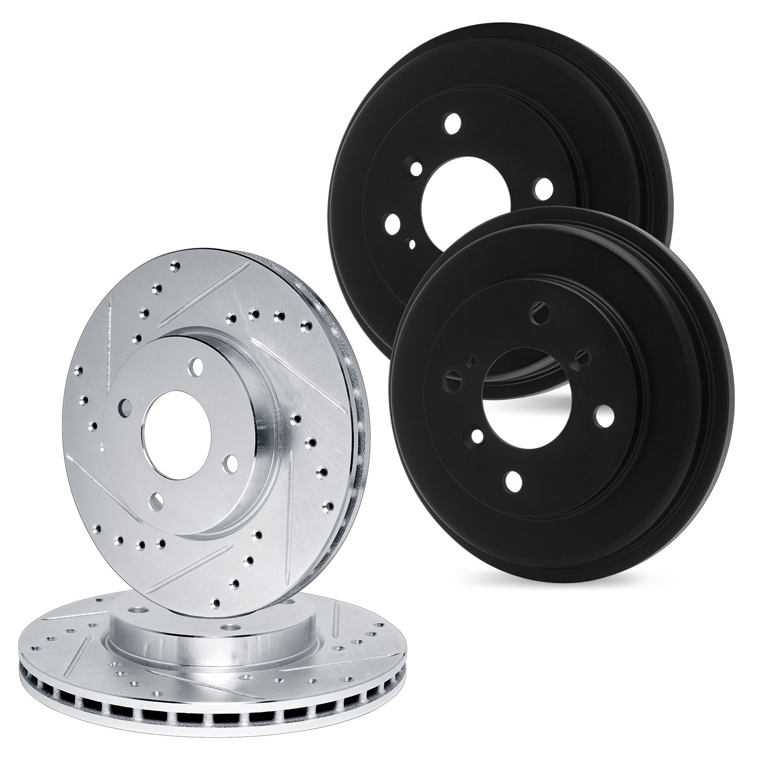 E-Line Drilled & Slotted Silver Brake Rotor & Drum Set, 2004-2008 GM, Position: Front & Rear